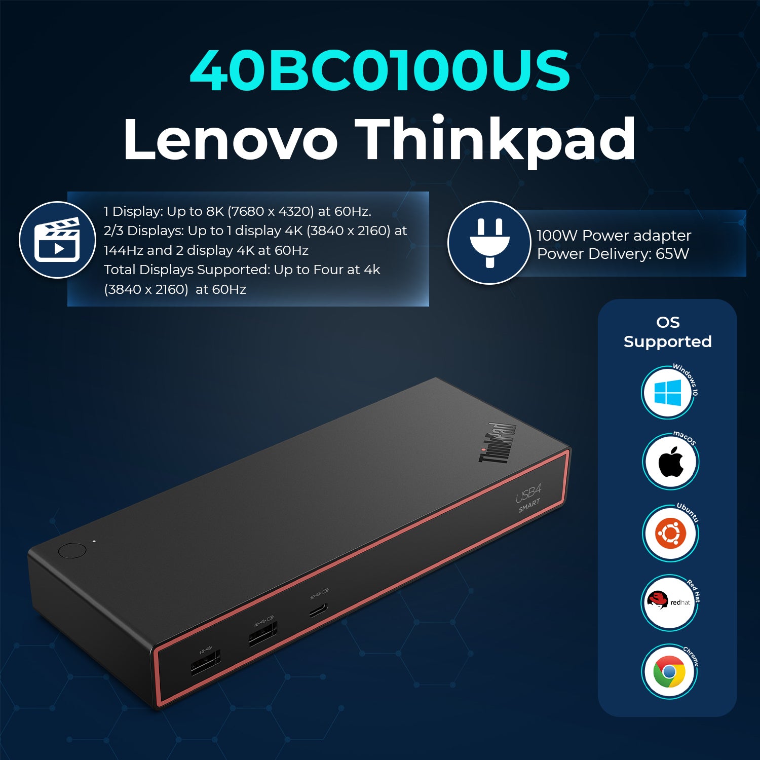 Lenovo 40BC0100US USB4 Smart Dock 5500 for Laptops with 100W Adapter, HDMI, DisplayPort, USB C Cables & Cloth - Docking Station