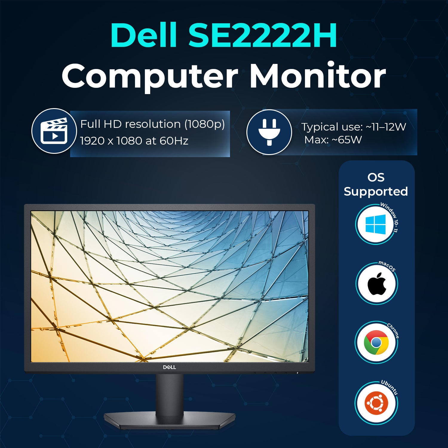 Dell SE2222H 21.45" 1920x1080 Full HD 16:9 IPS Display - 1 Year Warranty, Computer Monitor Screen Bundle with Power Cord + HDMI Cable + Microfiber Cloth