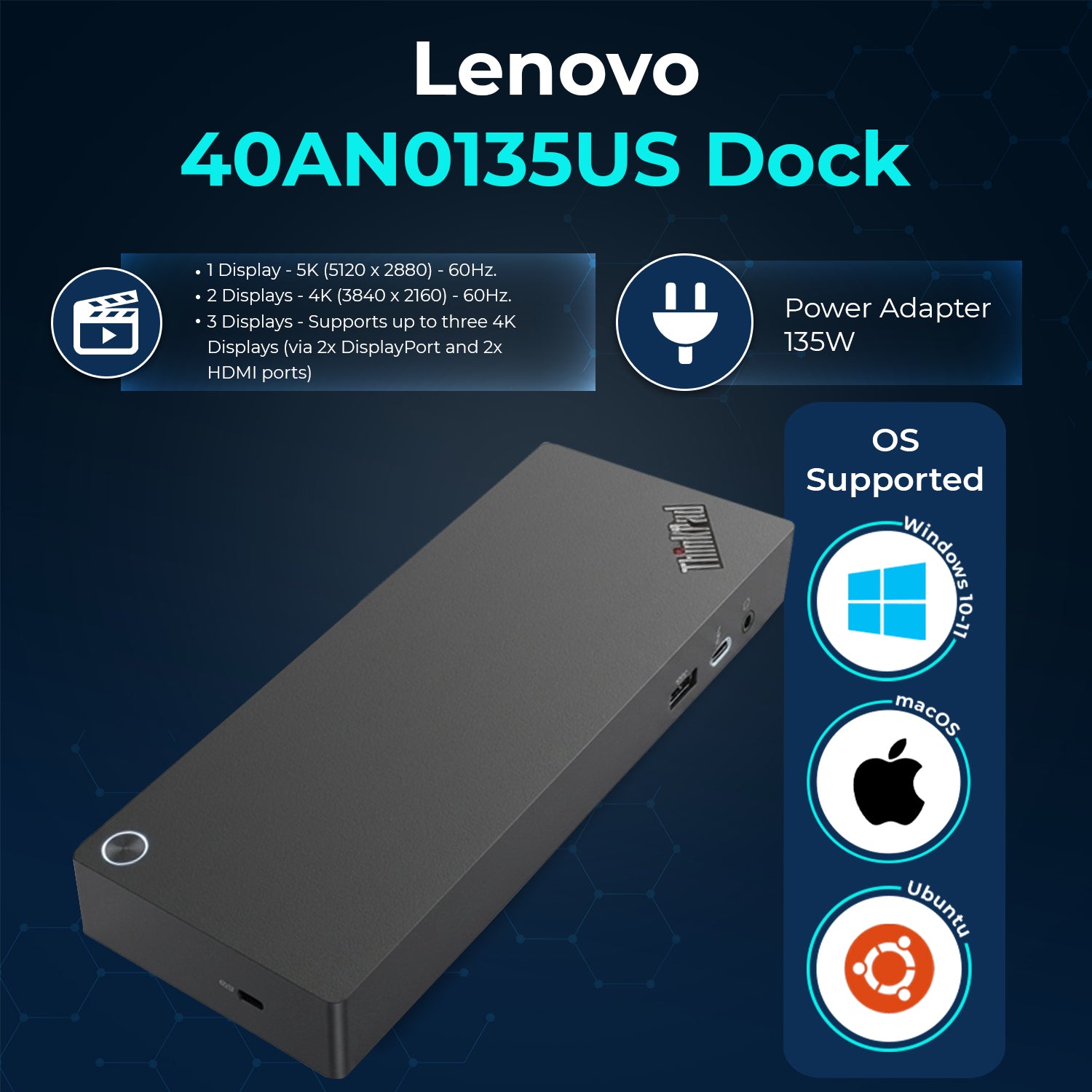 Lenovo Universal Thunderbolt Dock 40AN0135US 135W Power Delivery with Dual UHD 4K Display Support, HDMI, USB, Ethernet & USB‑C Connectivity