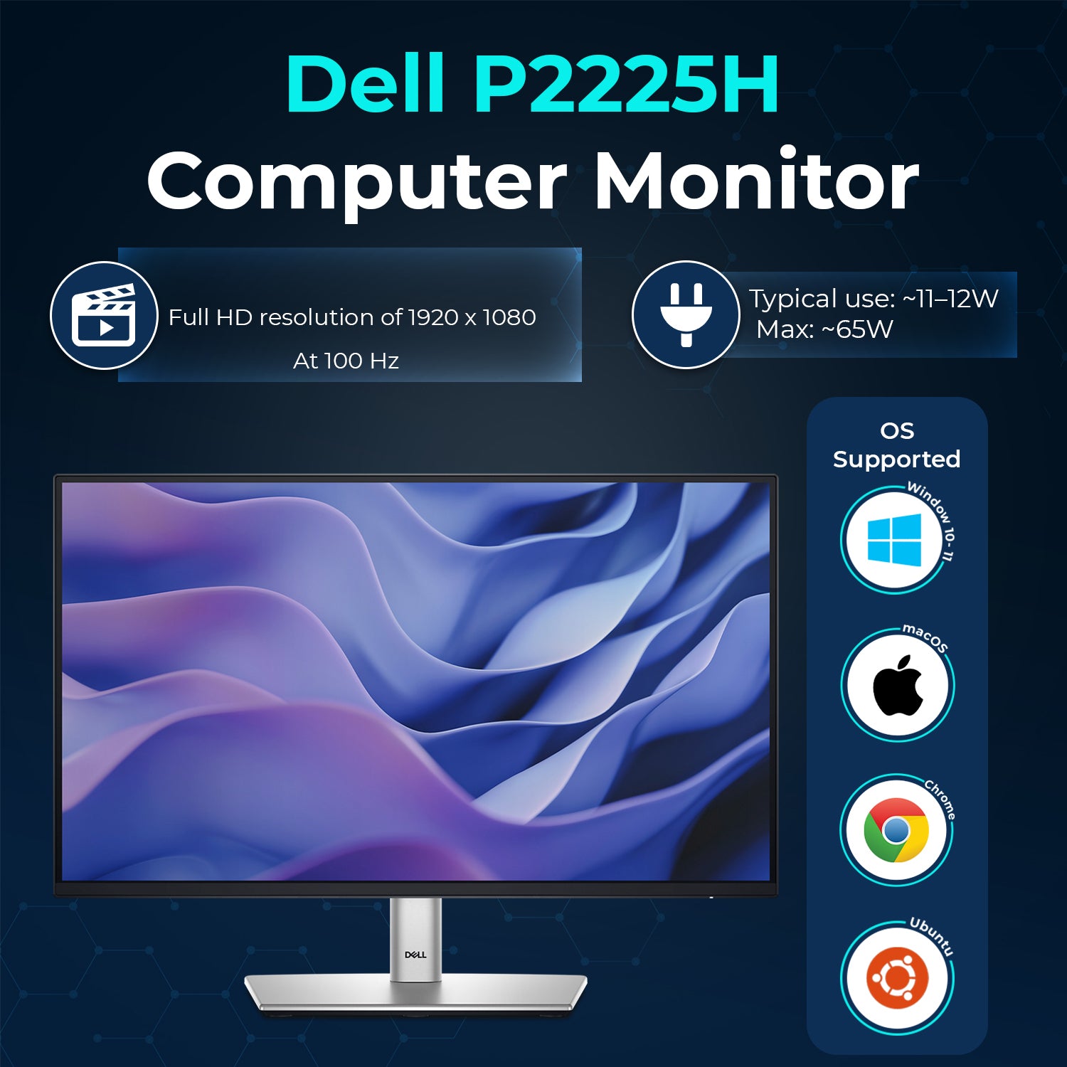 Dell P2225H 22" 16:9 IPS Computer Monitor Screen, DisplayPort cables, USB 3.0 Upstream Cable, Power Cord with ANYHDD HDMI Cable + Microfiber Cloth