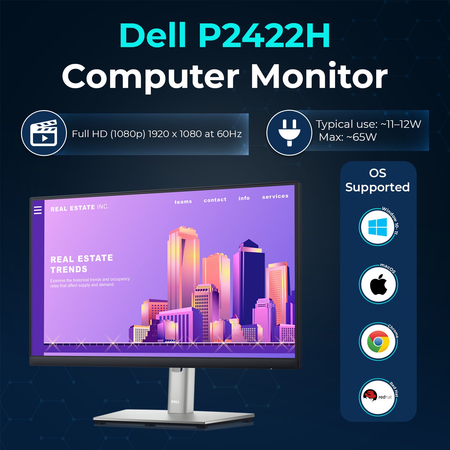 Dell P2422H 24" 16:9 IPS Computer Monitor Screen Bundle with Power Cord + USB 3.0 Upstream Cable + Display Port Cable + HDMI Cable + Microfiber Cloth - New Model