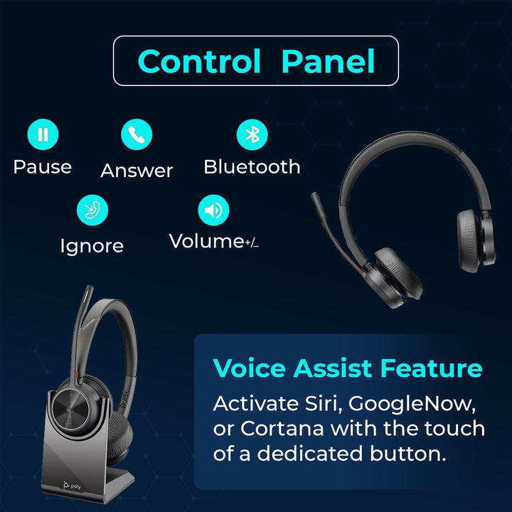 Poly Voyager 4320 UC Wireless Headset with Charge Stand, USB‑C Adapter, USB‑C/A Adapter, Bluetooth 5.2 and Noise‑Canceling Boom Mic