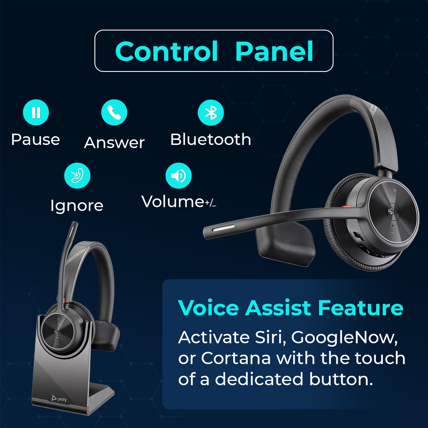 Poly Voyager 4310 UC Wireless Headset with Charging Stand, USB‑A to C Adapter, USB‑C Cable & Microfiber Cloth – Single‑Ear Bluetooth Headset