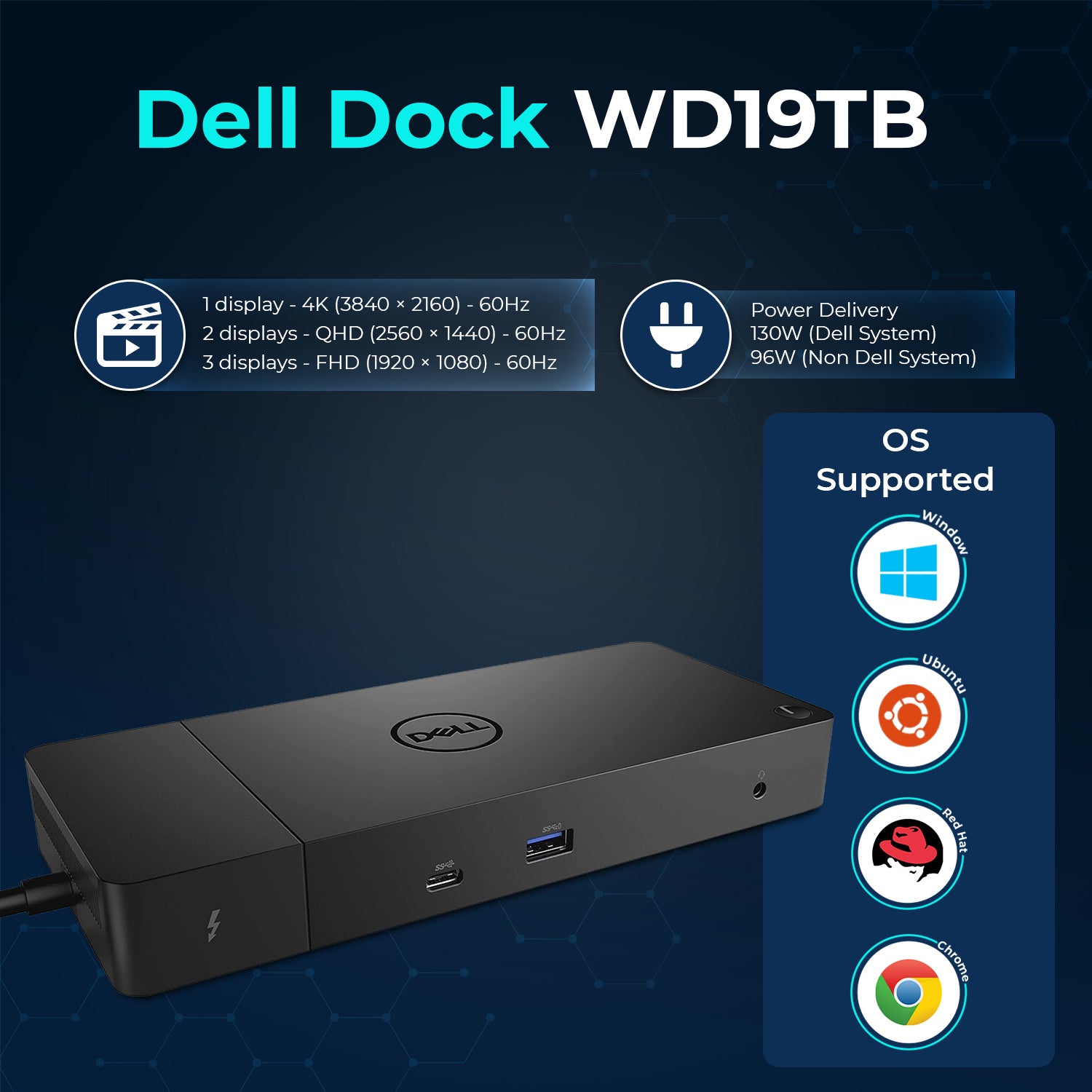 Dell WD19TB Thunderbolt Docking Station with 180W Adapter, HDMI, DP, Thunderbolt Cables & Multi-Port Connectivity