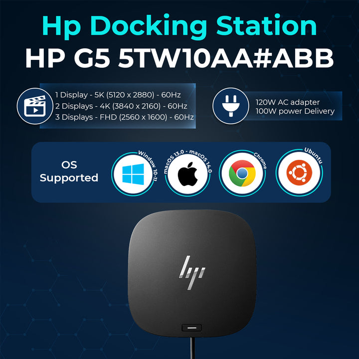 HP USB-C G5 Docking Station 5TW10AA#ABB with 120W Adapter, HDMI & DisplayPort Cables for Dual Monitor Support