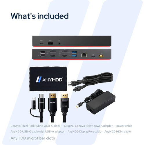 What's included with the Lenovo ThinkPad Hybrid dock: dock, original Lenovo 135 W power adapter, power cable, AnyHDD USB-C cable with USB-A adapter, DisplayPort and HDMI cables, and microfiber cloth