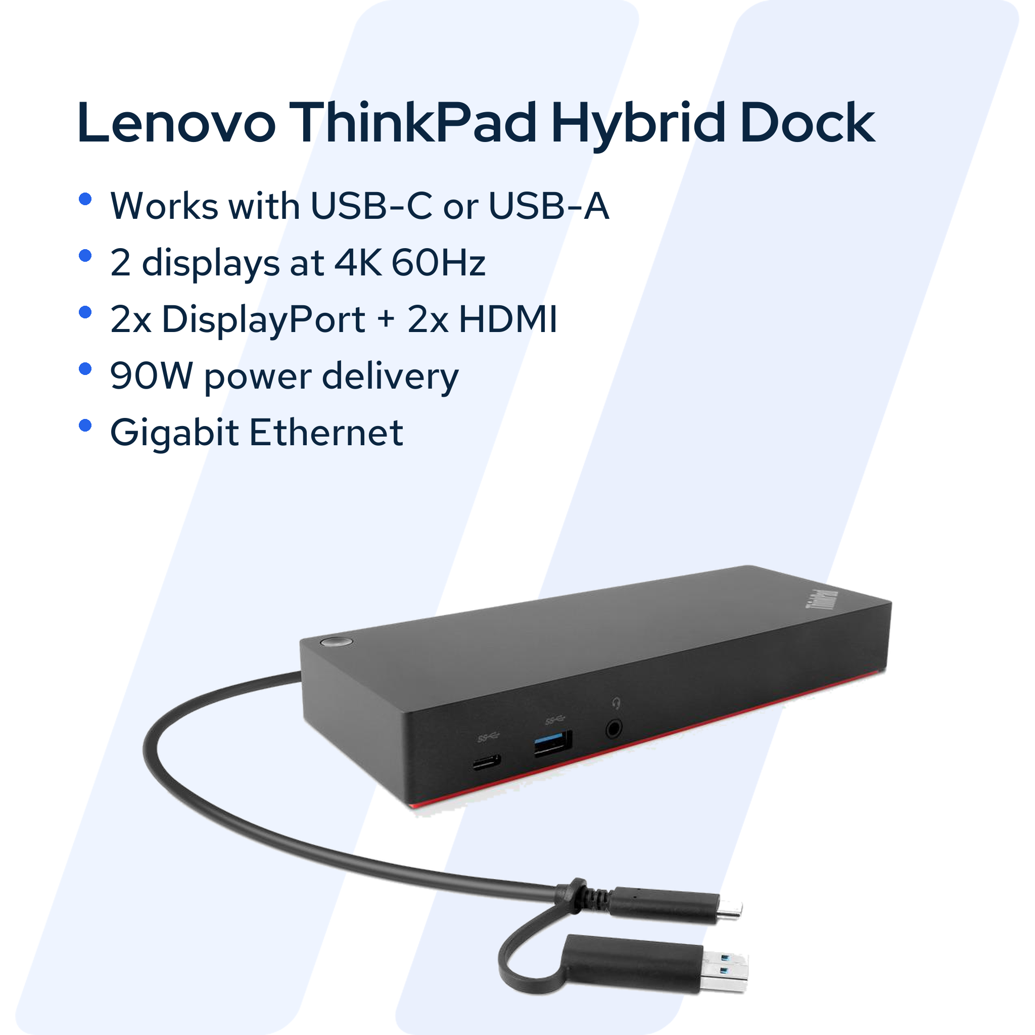 Lenovo ThinkPad Hybrid dock key specifications: works with USB-C or USB-A, two displays at 4K 60 Hz, two DisplayPort and two HDMI, 90 W power delivery, Gigabit Ethernet