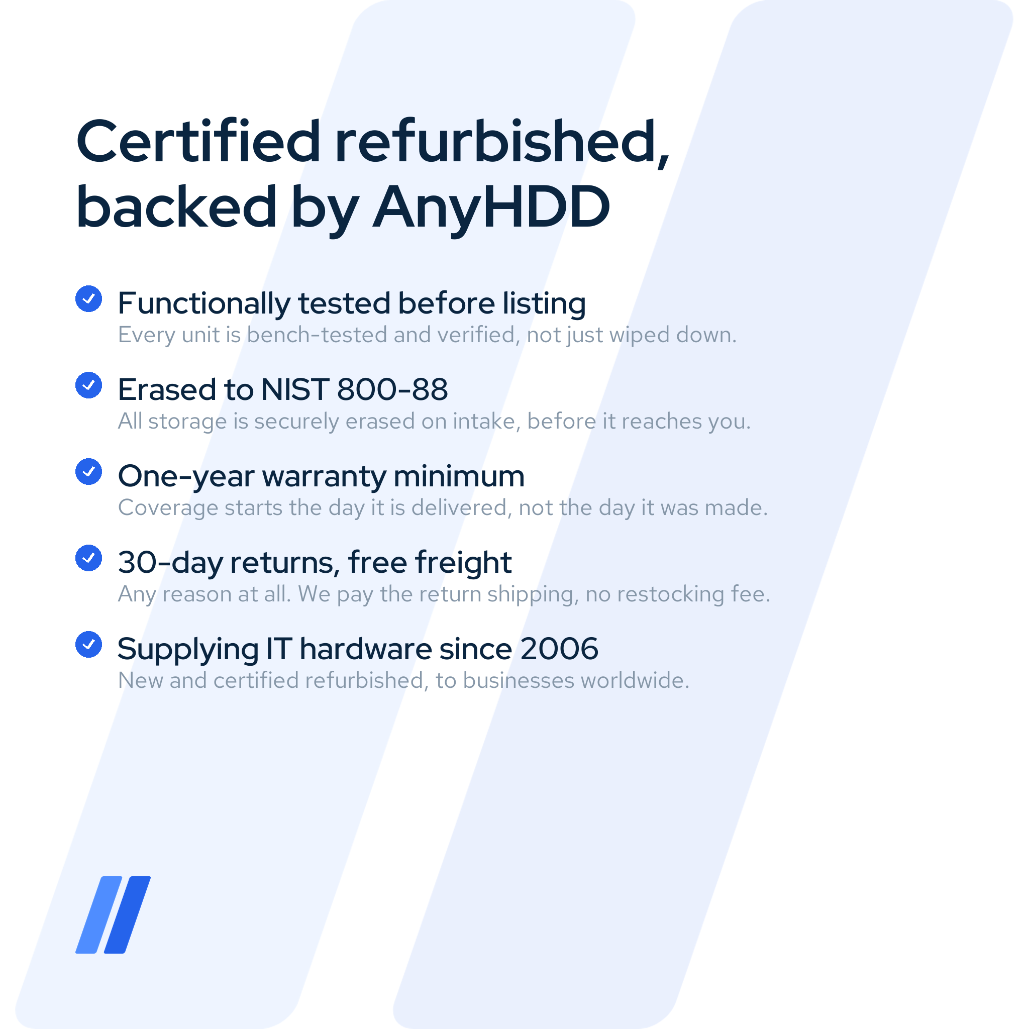 AnyHDD certified refurbished: functionally tested before listing, erased to NIST 800-88, minimum one-year warranty starting at delivery, 30-day returns with free return freight, supplying IT hardware since 2006