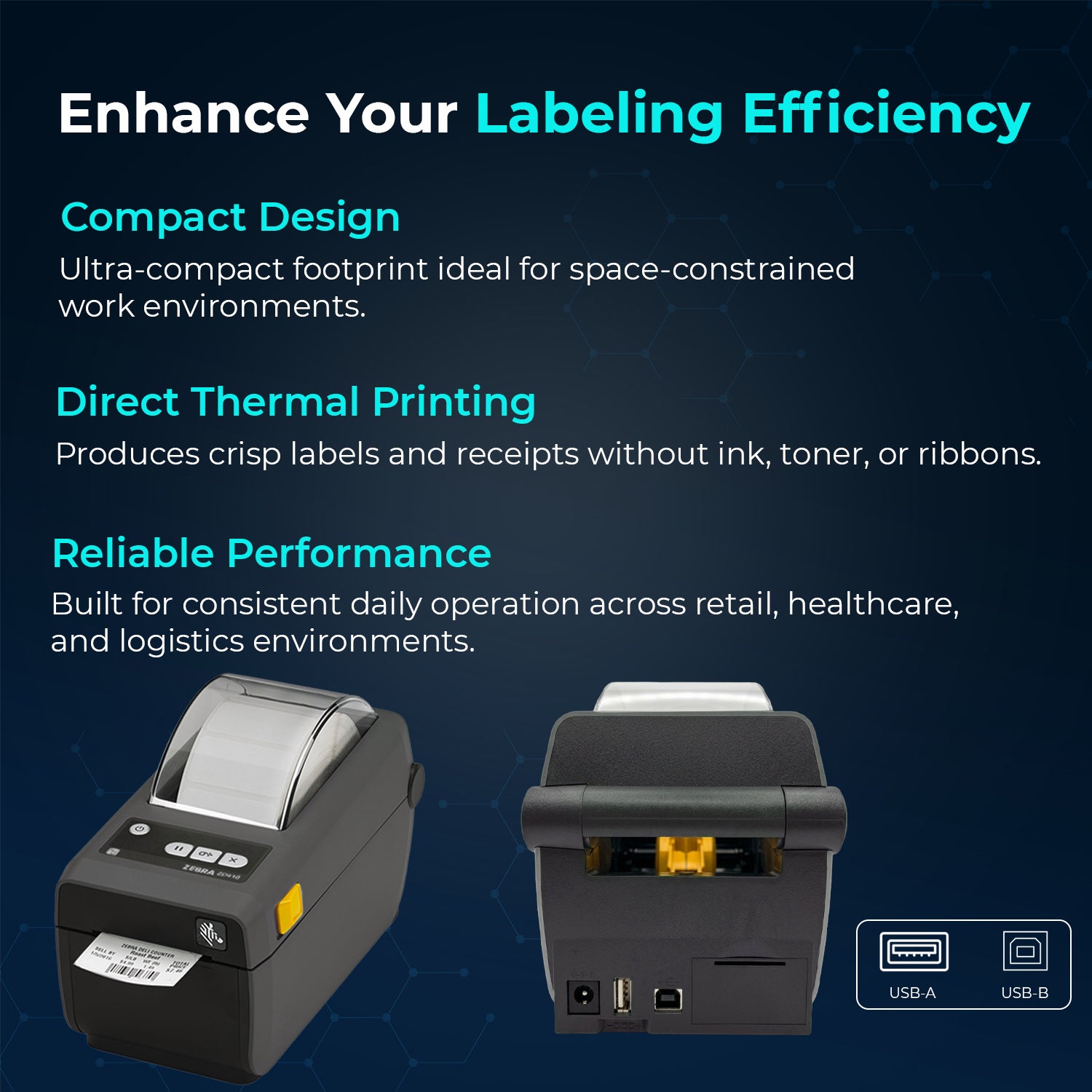 Zebra ZD410 (ZD41022-D01000EZ) Direct Thermal Printer Desktop Monochrome Bundle - USB Connectivity Printer with Power Cable + USB 2.0 Cable + Microfiber Cloth Included (Renewed)