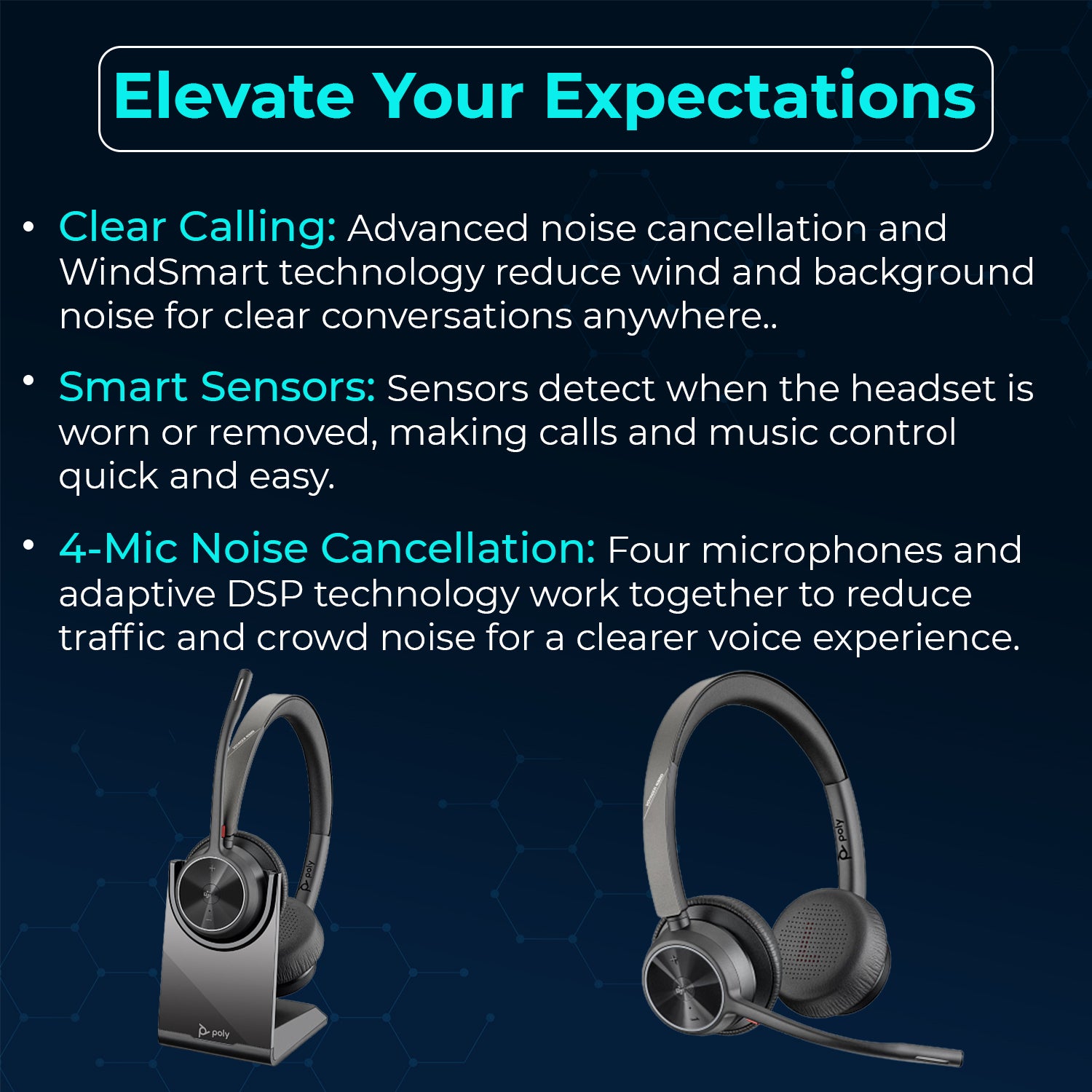 Poly Voyager 4320 UC Wireless Headset with Charge Stand, USB‑C Adapter, USB‑C/A Adapter, Bluetooth 5.2 and Noise‑Canceling Boom Mic