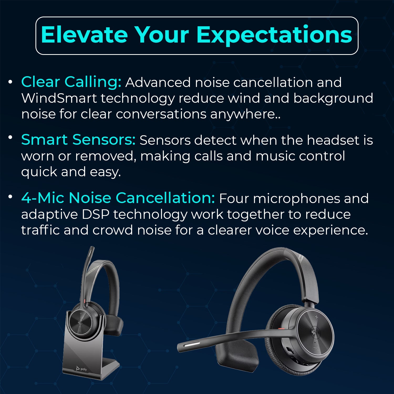 Poly Voyager 4310 UC Wireless Headset with Charging Stand, USB‑A to C Adapter, USB‑C Cable & Microfiber Cloth – Single‑Ear Bluetooth Headset