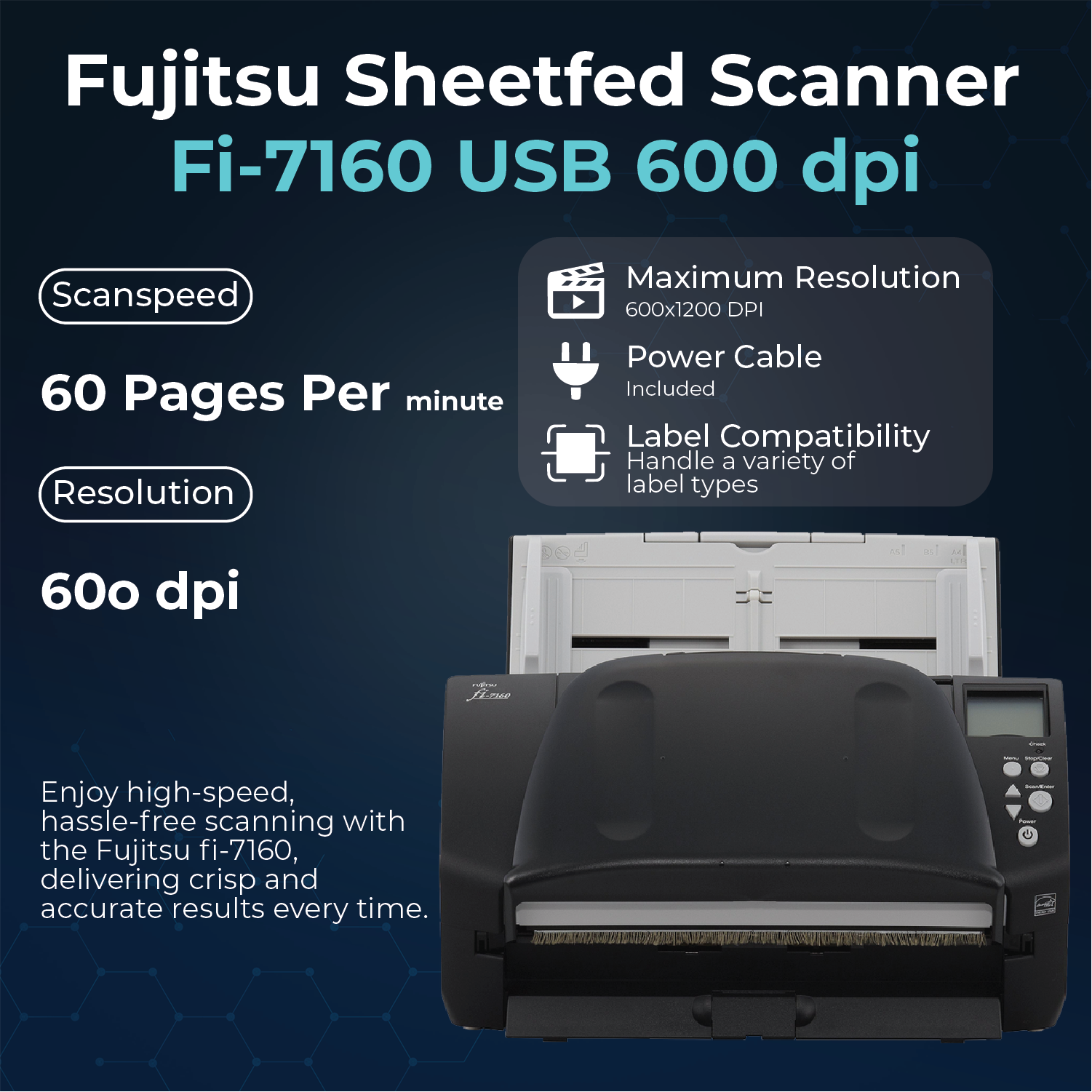 Fi-7160 Fujitsu Scanners for Computers - 60 PPM (Mono/Color),600 DPI Document Scanner, with 24V Power(Renewed)