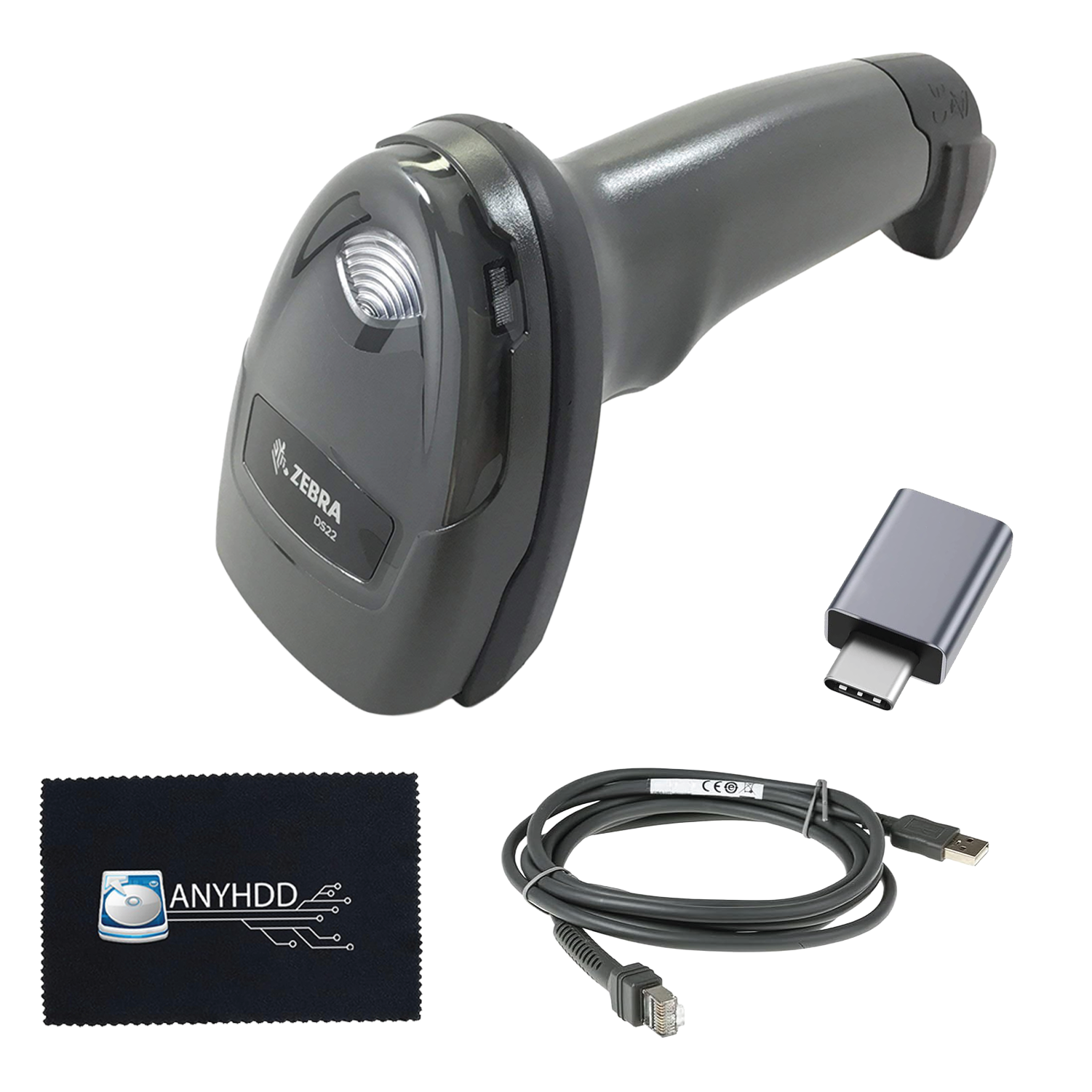DS2208-SR Handheld 2D Barcode Scanner Kit with USB Cable, USB-A to USB-C Adapter & Cleaning Cloth – Wired Standard Range Imager, Black