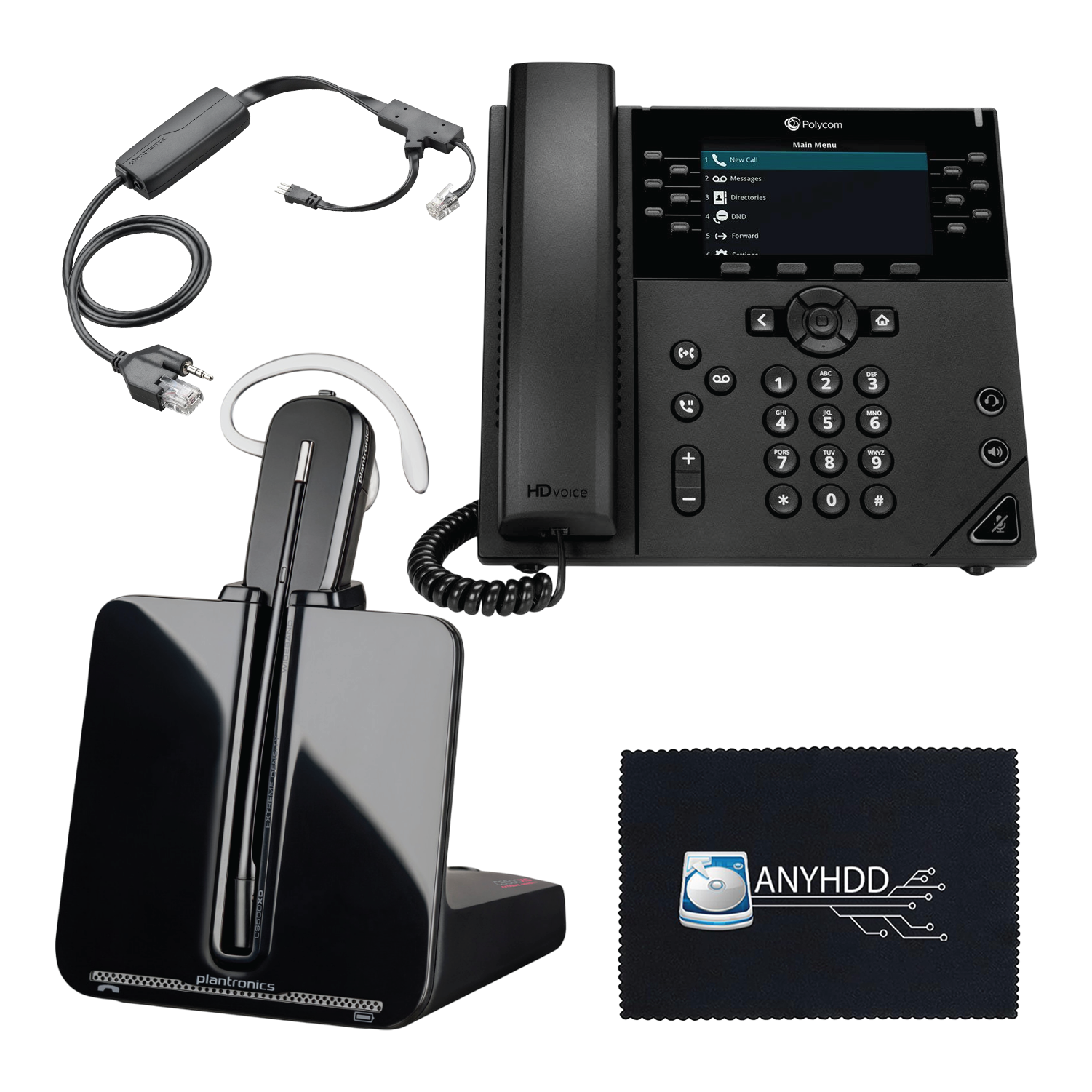 Poly VVX 450 Business IP Phone with CS540 Wireless DECT Headset + Electronic Hook Switch Cable APP-51 + Cloth