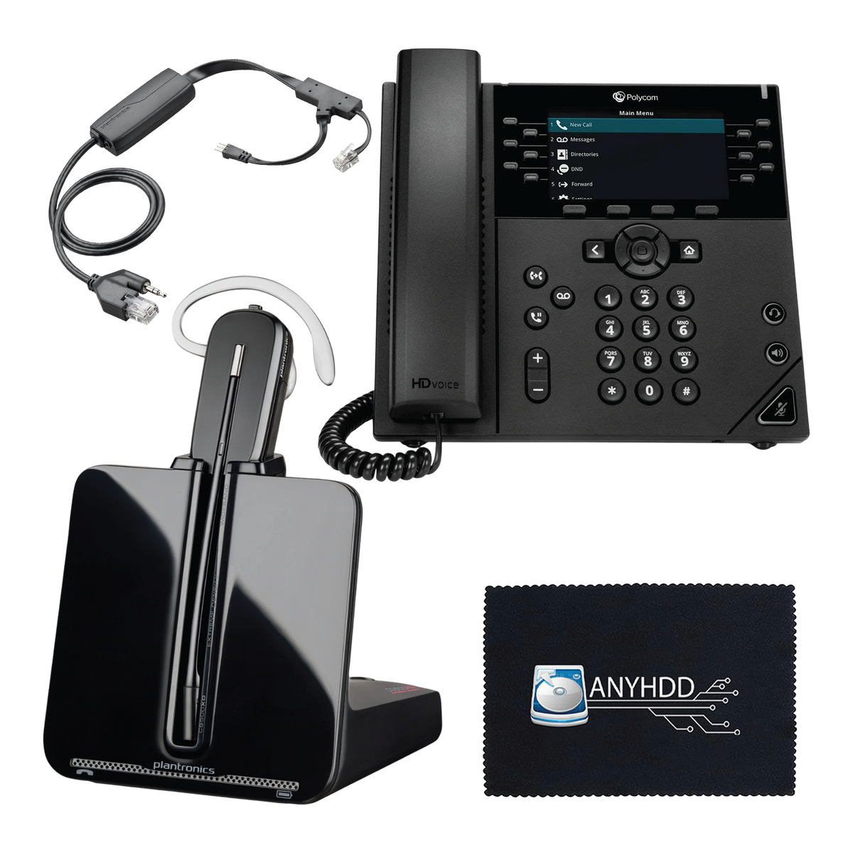 Poly VVX 450 Business IP Phone with CS540 Wireless DECT Headset + Electronic Hook Switch Cable APP-51 + Cloth
