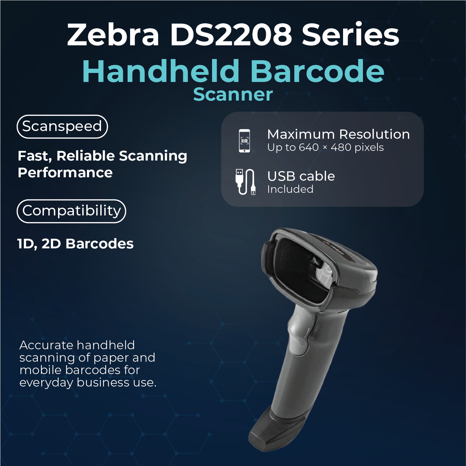 DS2208-SR Handheld 2D Barcode Scanner Kit with USB Cable, USB-A to USB-C Adapter & Cleaning Cloth – Wired Standard Range Imager, Black