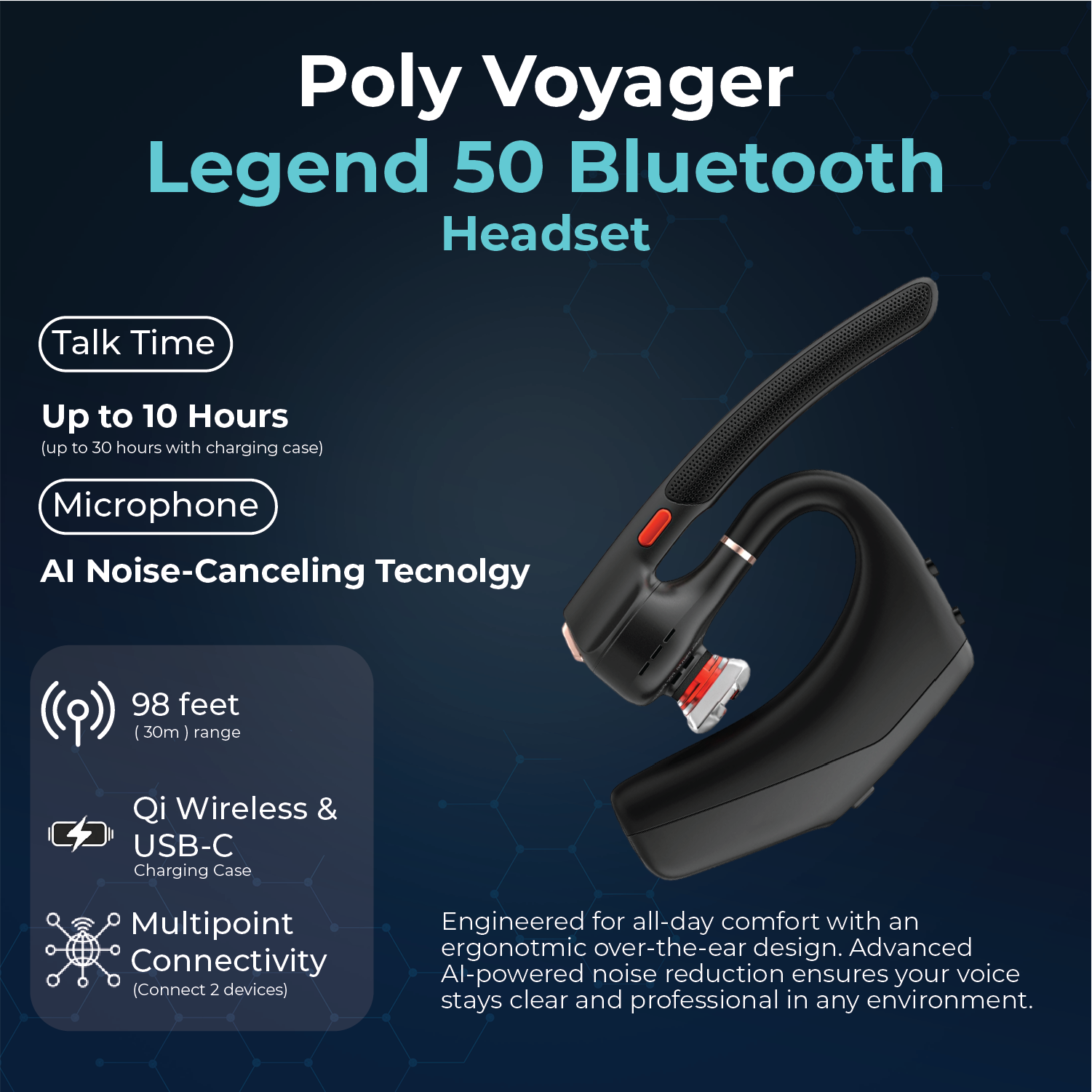 Poly Voyager 50 for Bluetooth Headset - 4 Noise-Canceling Mics, PC, iOS, Mac, Tablet,