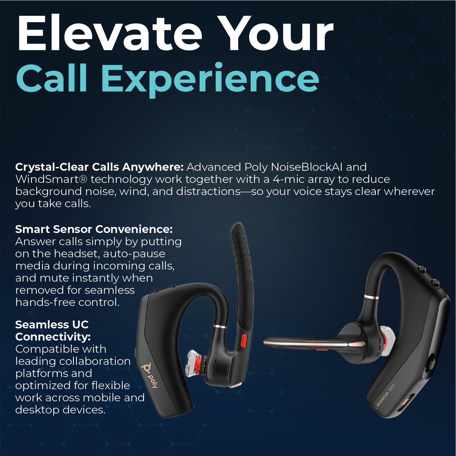 Poly Voyager 50 for Bluetooth Headset - 4 Noise-Canceling Mics, PC, iOS, Mac, Tablet,