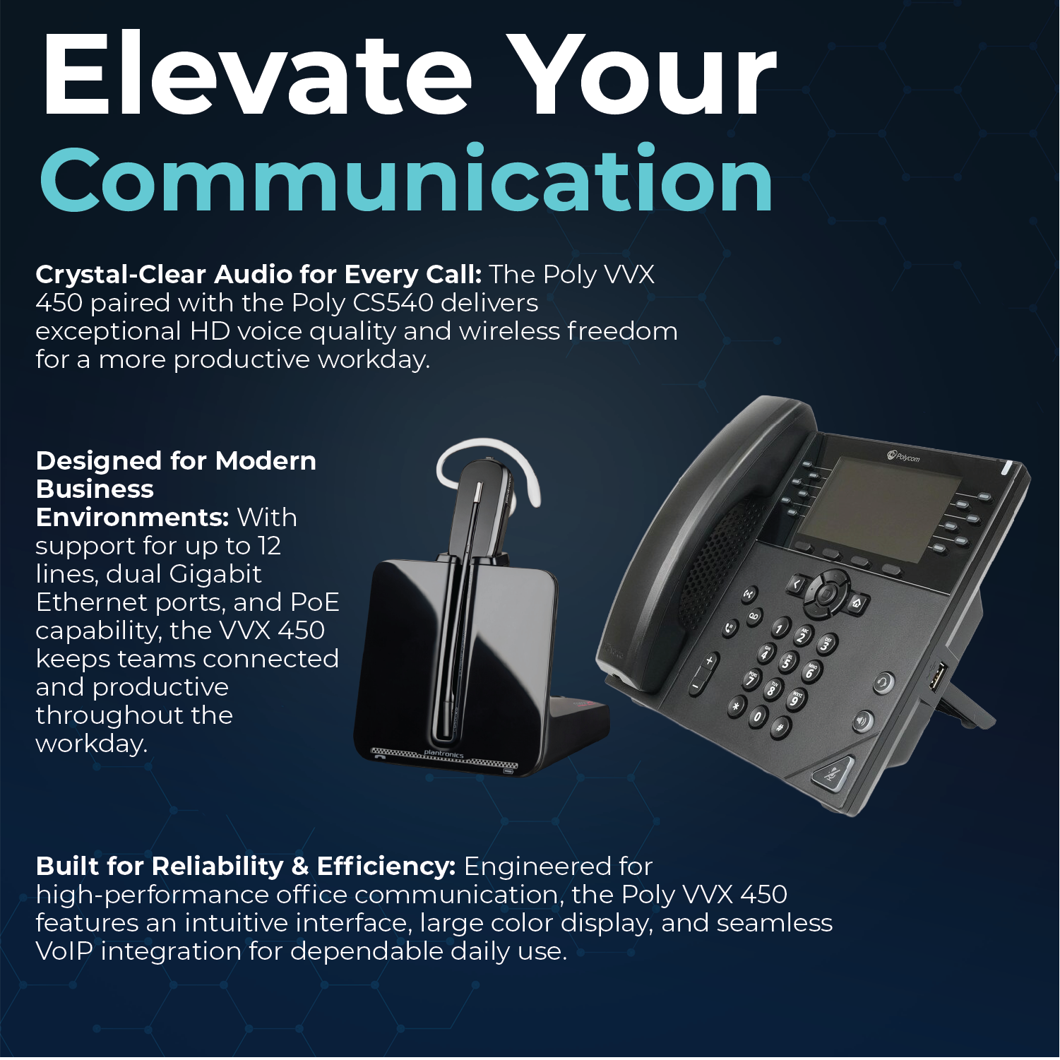 Poly VVX 450 Business IP Phone with CS540 Wireless DECT Headset + Electronic Hook Switch Cable APP-51 + Cloth