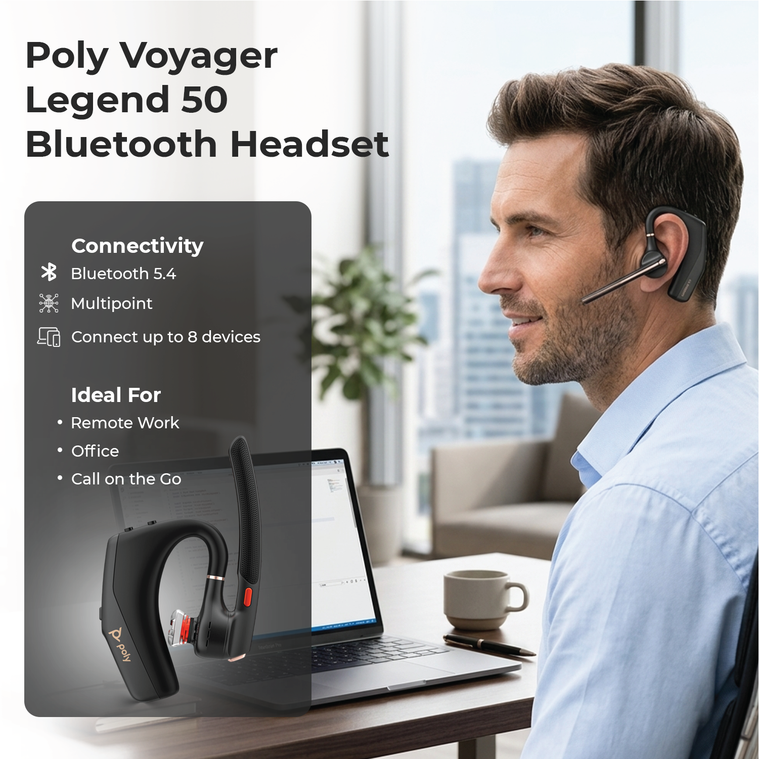 Poly Voyager 50 for Bluetooth Headset - 4 Noise-Canceling Mics, PC, iOS, Mac, Tablet,