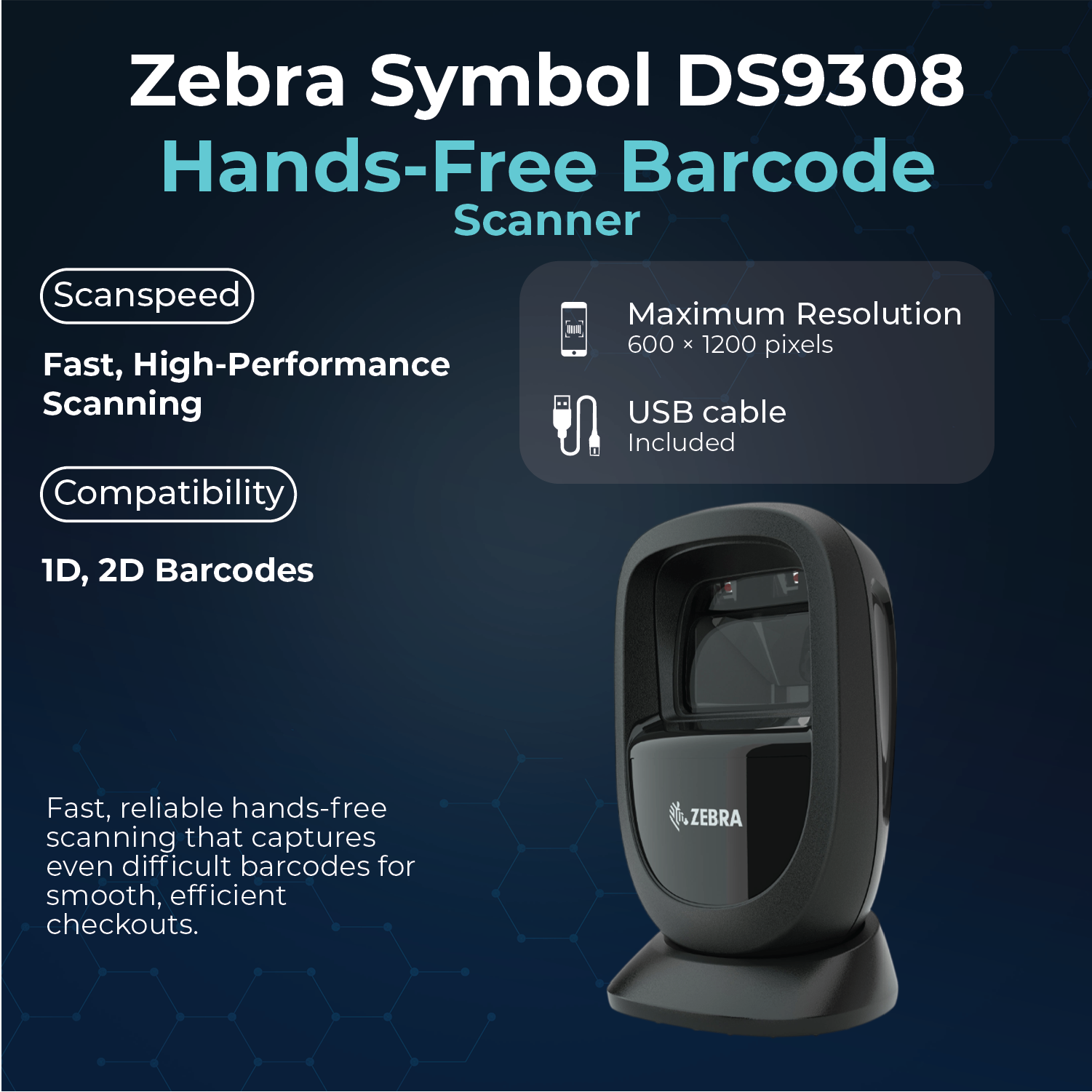 Zebra DS9308 Presentation Barcode Scanner – 1D & 2D Imager, USB-A Interface