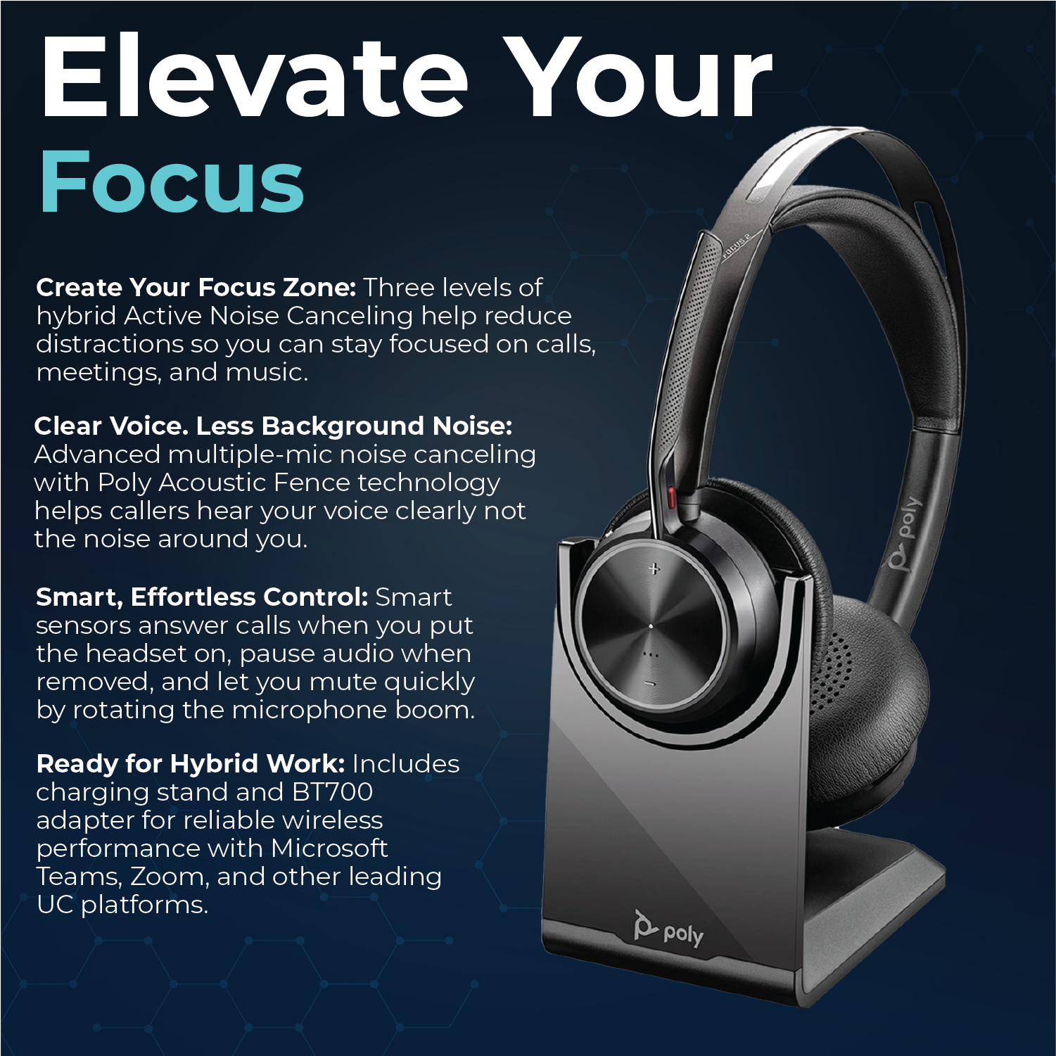 Poly Voyager Focus 2 USB‑C Wireless Headset with Charging Stand, USB‑C Adapter and Advanced Noise Canceling for Calls & Music