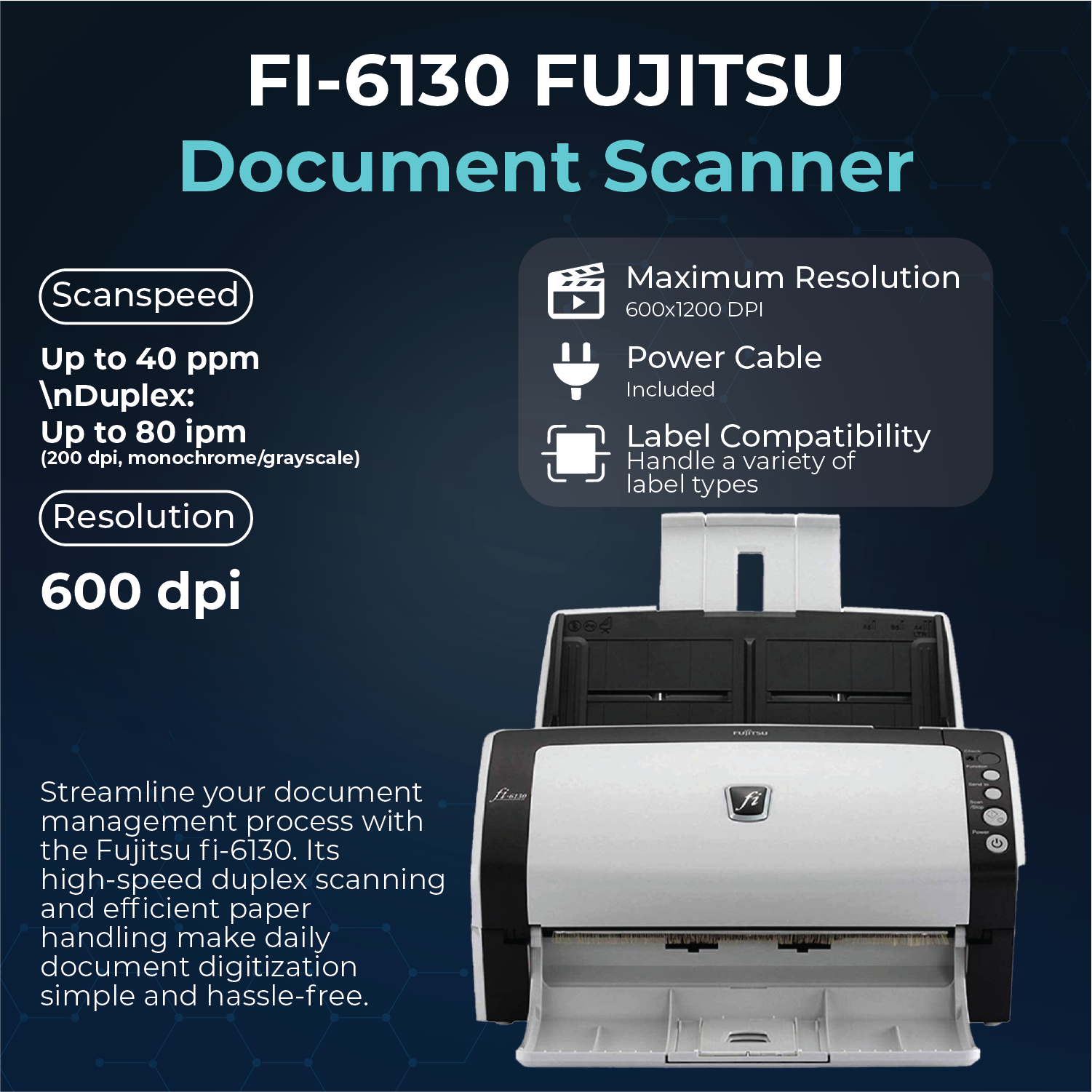 FI-6130 Document Scanner Bundle with 24V AC Adapter + USB 2.0 Cable + Microfiber Cleaning Cloth Included (Renewed)