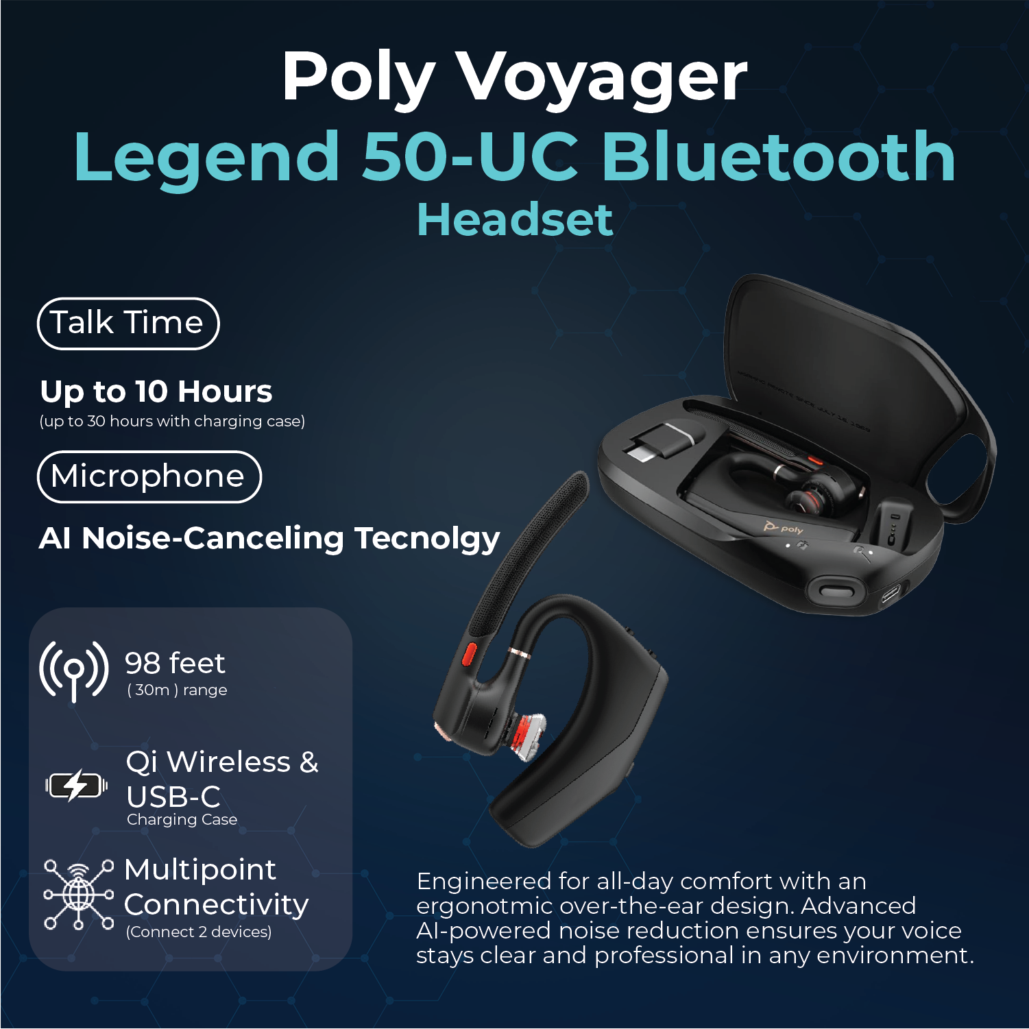 Poly Voyager 50-UC for Bluetooth Headset with Charging Case Noise-Canceling Mics, PC, iOS, Mac, Tablet, Incl.