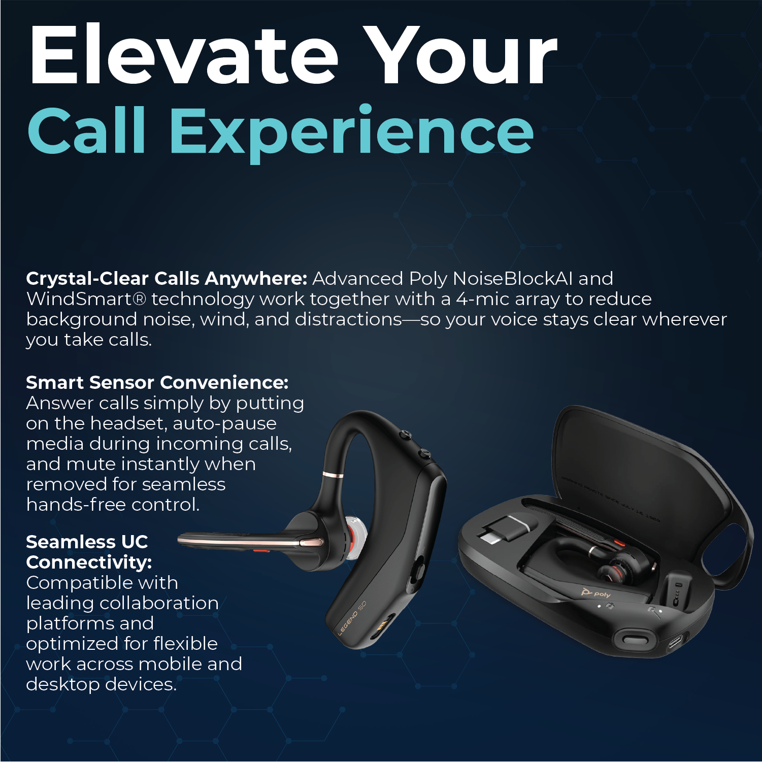 Poly Voyager 50-UC for Bluetooth Headset with Charging Case Noise-Canceling Mics, PC, iOS, Mac, Tablet, Incl.
