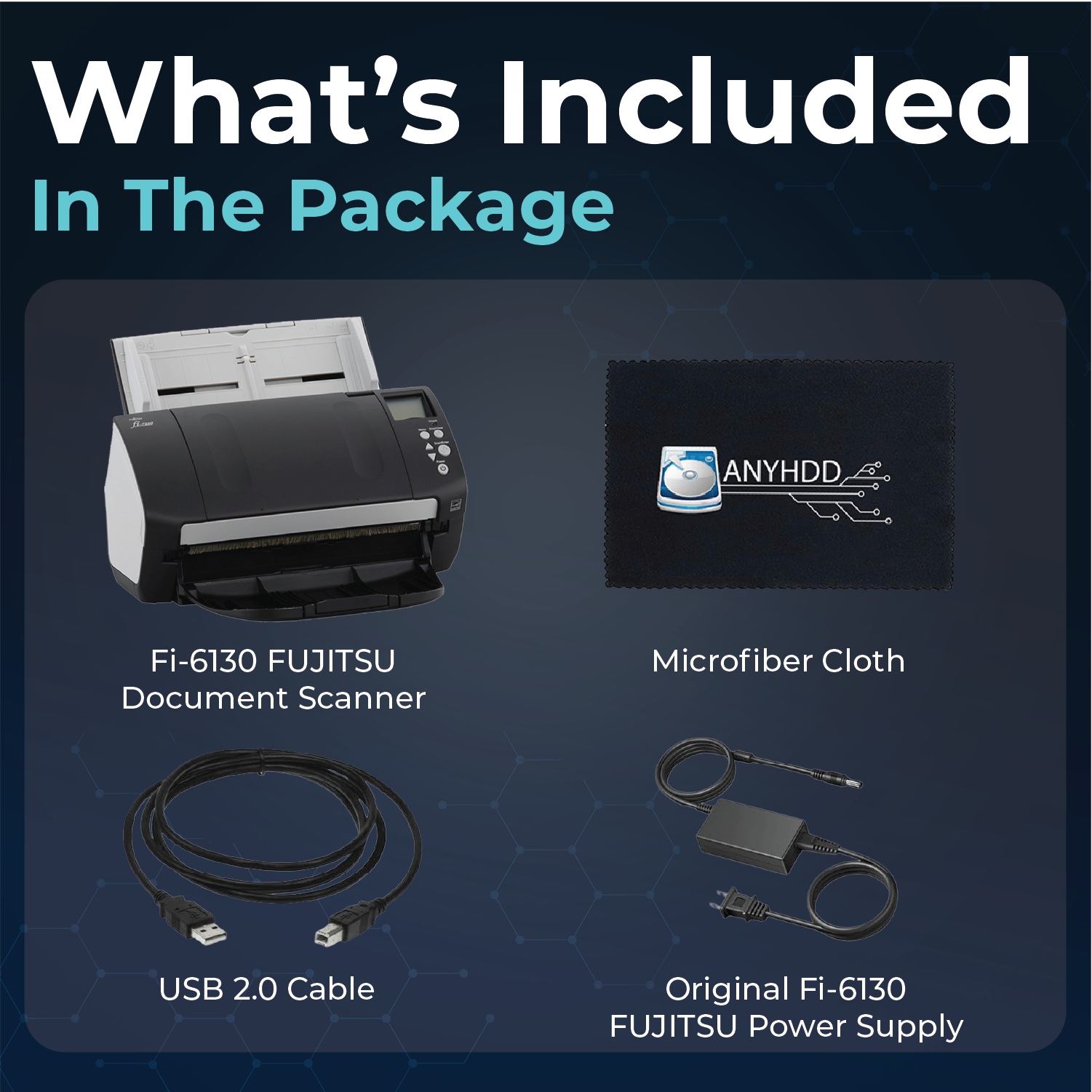 FI-6130 Document Scanner Bundle with 24V AC Adapter + USB 2.0 Cable + Microfiber Cleaning Cloth Included (Renewed)