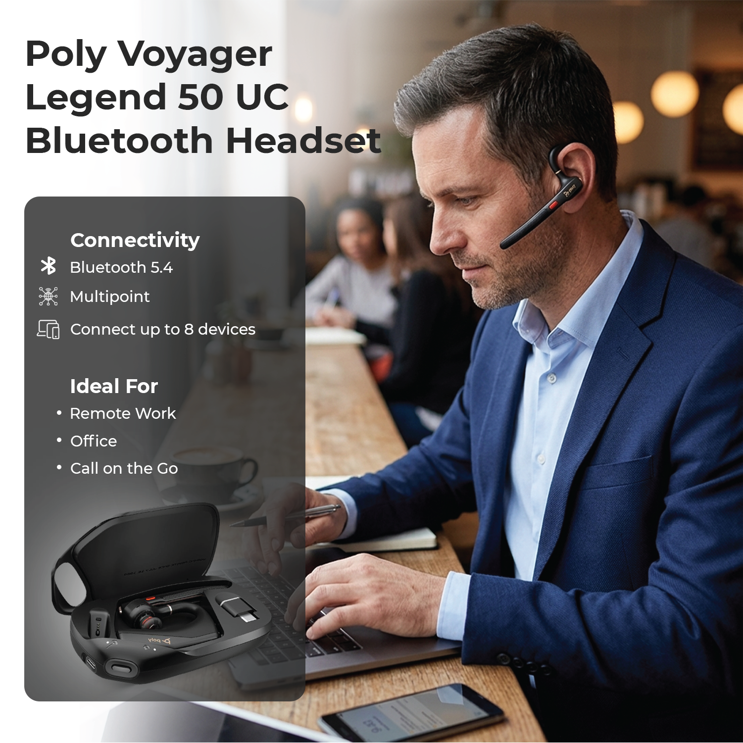 Poly Voyager 50-UC for Bluetooth Headset with Charging Case Noise-Canceling Mics, PC, iOS, Mac, Tablet, Incl.