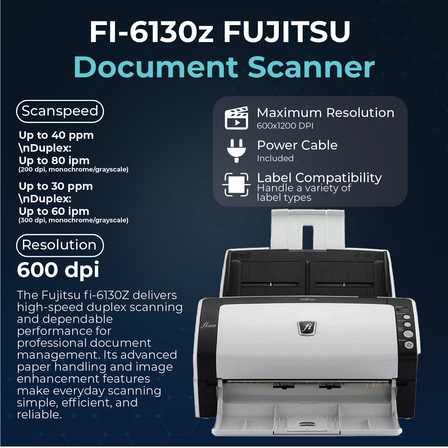 FI-6130Z Document Scanner Bundle - 1 Year Warranty, Sheet-Fed Document with 24V AC Adapter, USB 2.0 Cable & Microfiber Cleaning Cloth (Renewed)