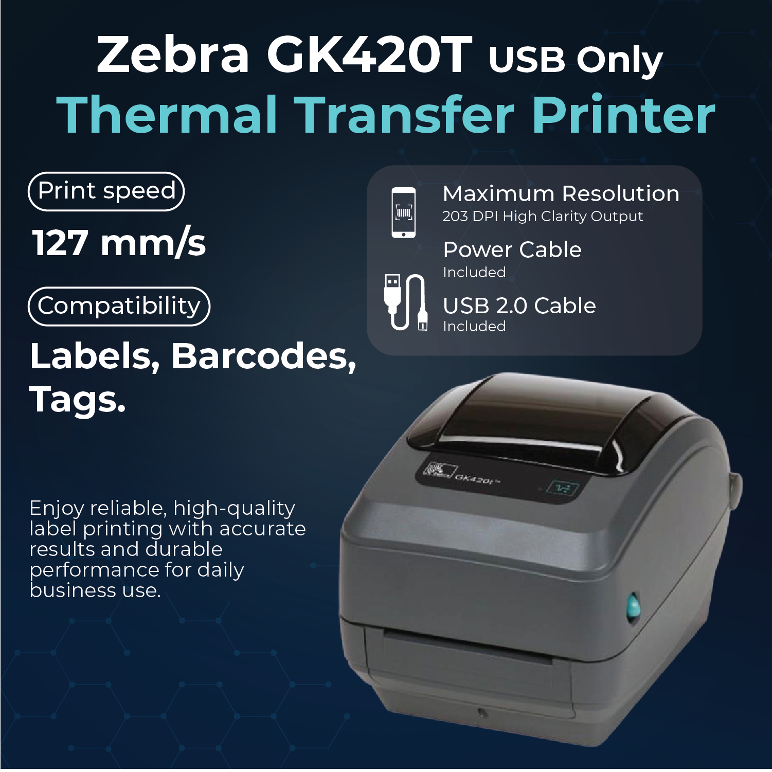 Zebra GK420T Thermal Transfer Desktop Printer for Labels, Receipts, Barcodes, Tags - 1 Year Warranty with Power Cable