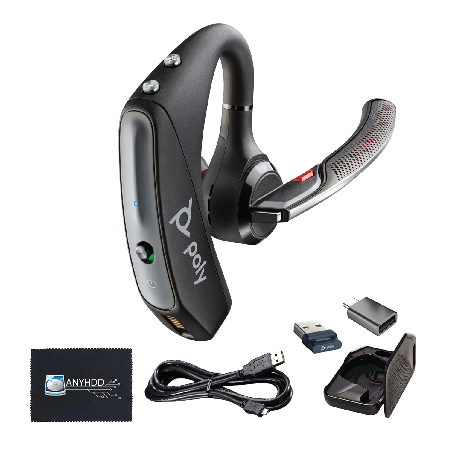 Plantronics Voyager 5200-UC for Bluetooth Headset Earpiece Bundle 206110-101 - for Smartphones, PC, iOS, Mac, Tablet, Incl. Charging Case + Charging Cable + USB Dongle + USB A-C + Microfiber Cloth