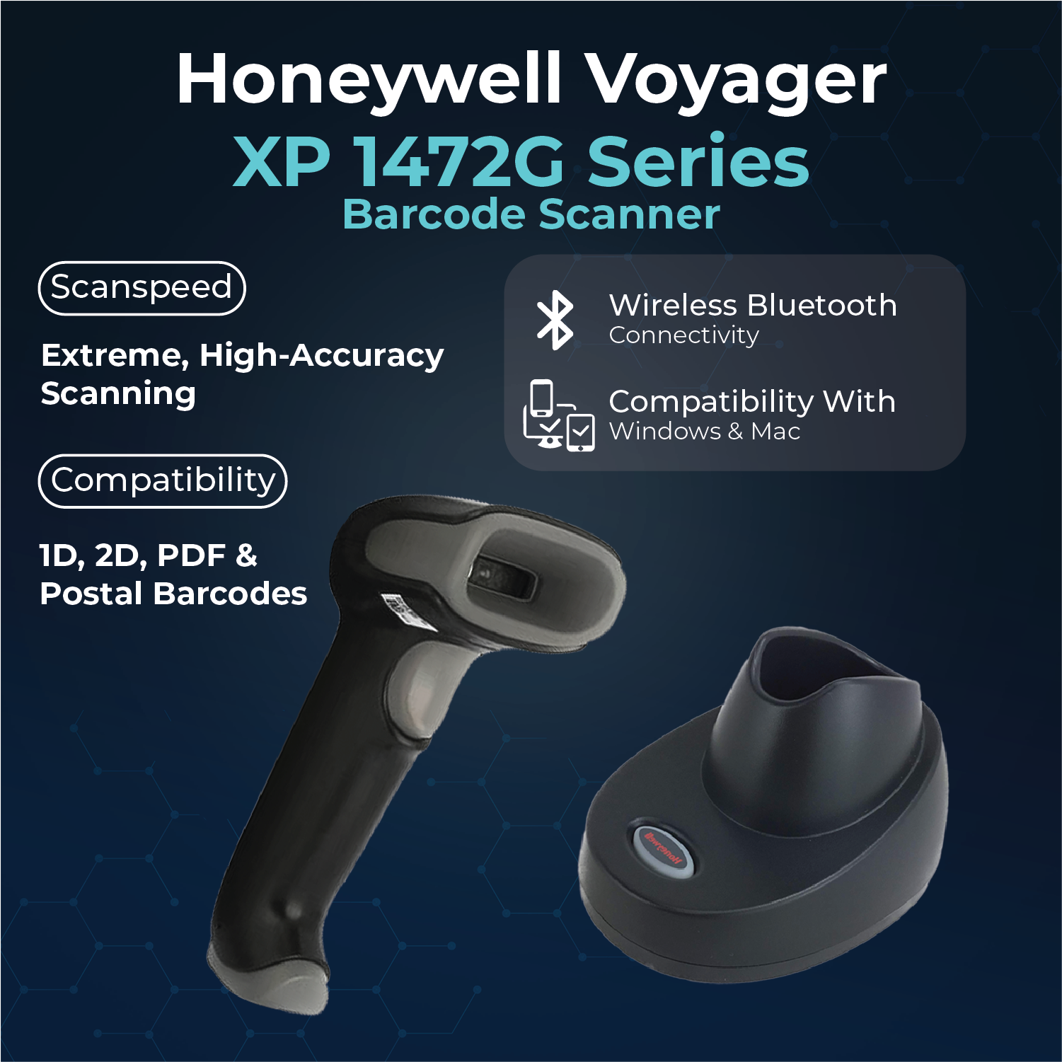 Honeywell Voyager Extreme Performance (XP) 1472g Wireless Barcode Scanner – 2D/1D/PDF/Postal Reader with Cradle
