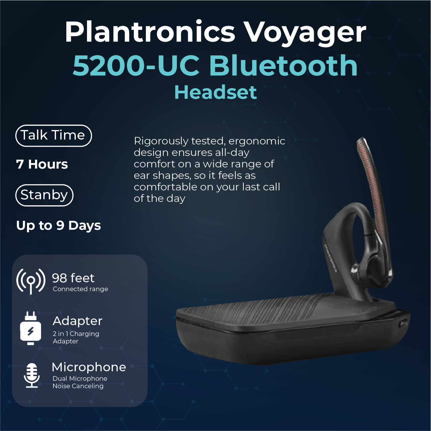 Plantronics Voyager 5200-UC for Bluetooth Headset Earpiece Bundle 206110-101 - for Smartphones, PC, iOS, Mac, Tablet, Incl. Charging Case + Charging Cable + USB Dongle + USB A-C + Microfiber Cloth