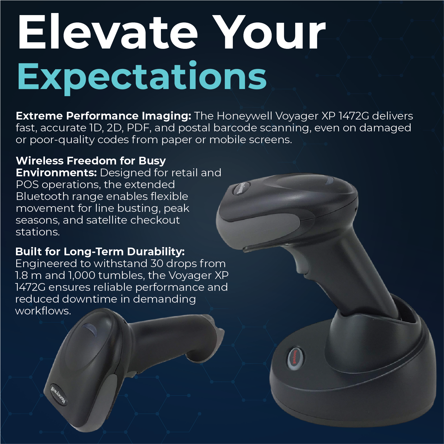 Honeywell Voyager Extreme Performance (XP) 1472g Wireless Barcode Scanner – 2D/1D/PDF/Postal Reader with Cradle