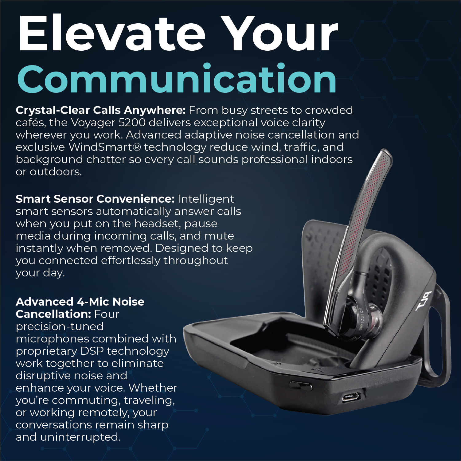 Plantronics Voyager 5200-UC for Bluetooth Headset Earpiece Bundle 206110-101 - for Smartphones, PC, iOS, Mac, Tablet, Incl. Charging Case + Charging Cable + USB Dongle + USB A-C + Microfiber Cloth