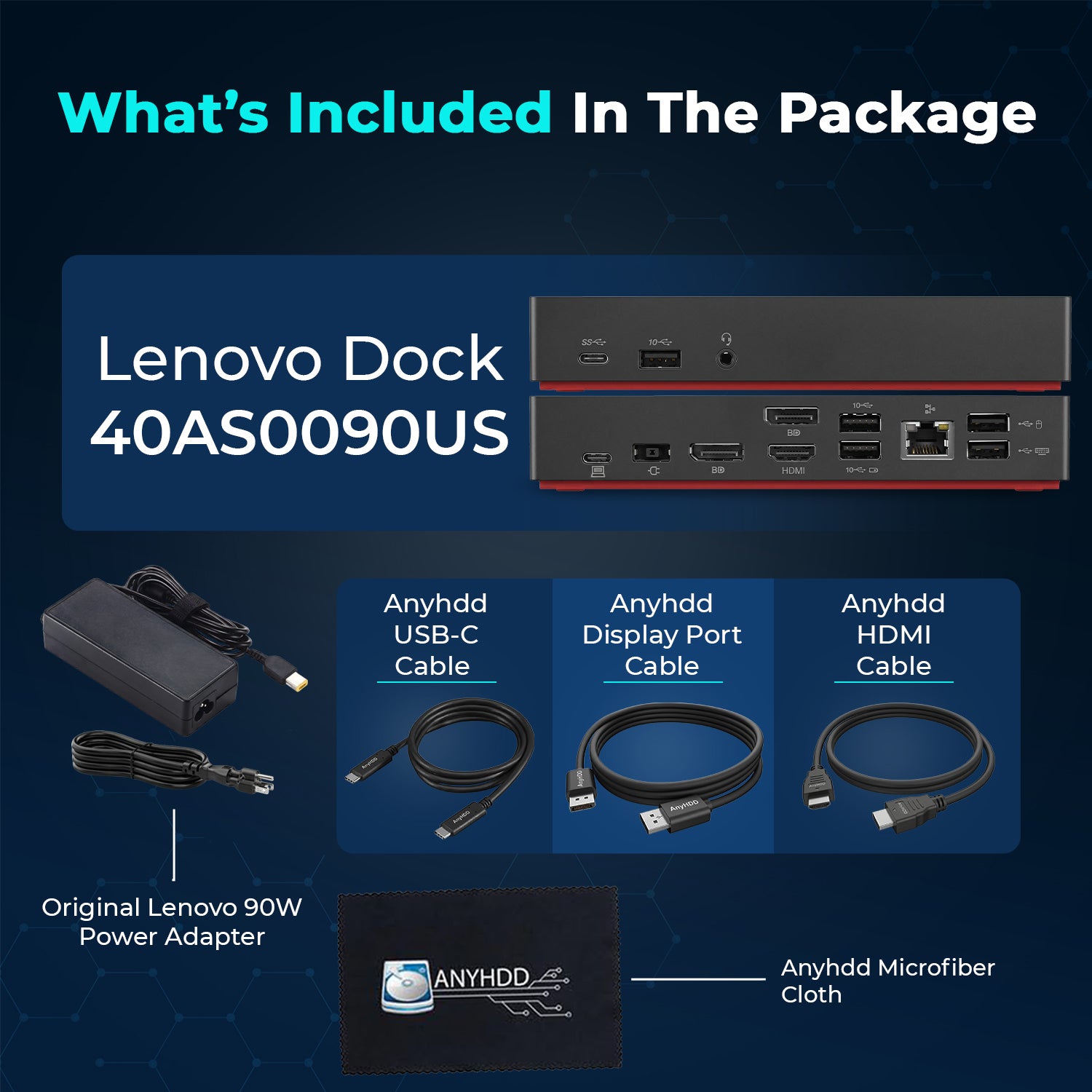 Lenovo ThinkPad Universal USB-C Docking Station 40AS0090US with 90W Adapter, HDMI & DisplayPort Cables for Multi-Device Productivity