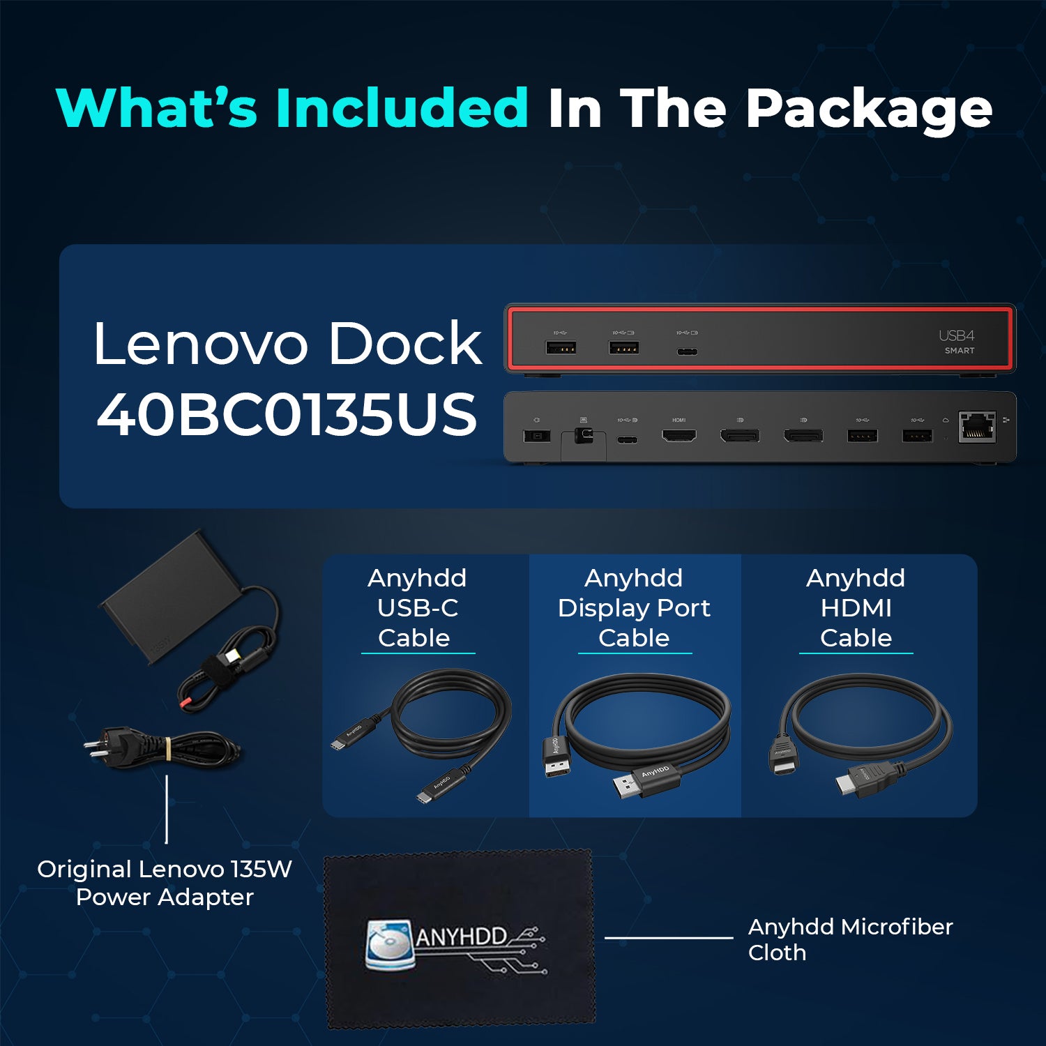 Lenovo 40BC0135US USB4 Smart Dock 5500 Laptop Docking Station with Integrated USB4 Cable, HDMI 2.1 & DisplayPort 1.4 Video Outputs, Multiple USB-A & USB-C Ports, Gigabit Ethernet, 100W Power Delivery