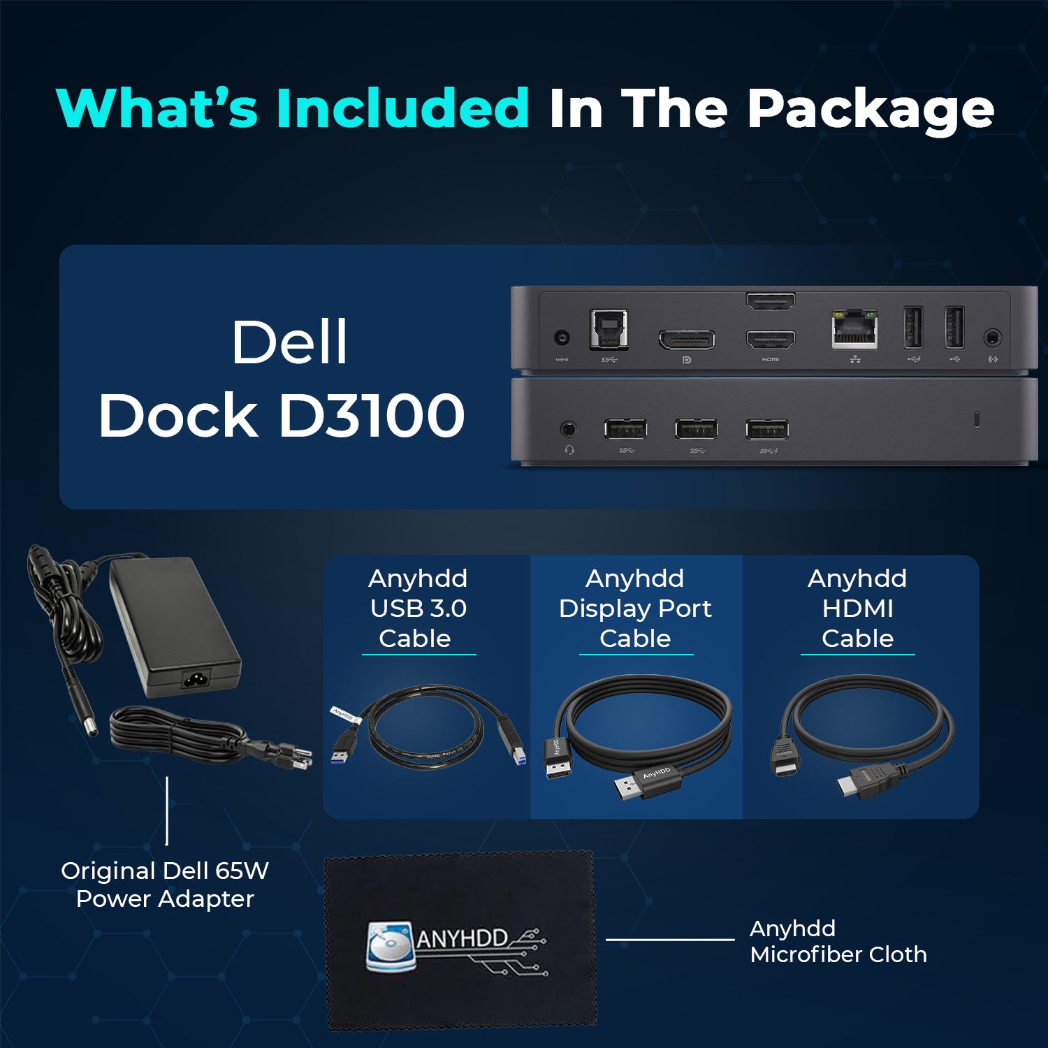 Dell D3100 USB 3.0 Ultra HD/4K Triple Display Docking Station (Renewed) with 65W Adapter, HDMI, DisplayPort & USB 3.0 Cable