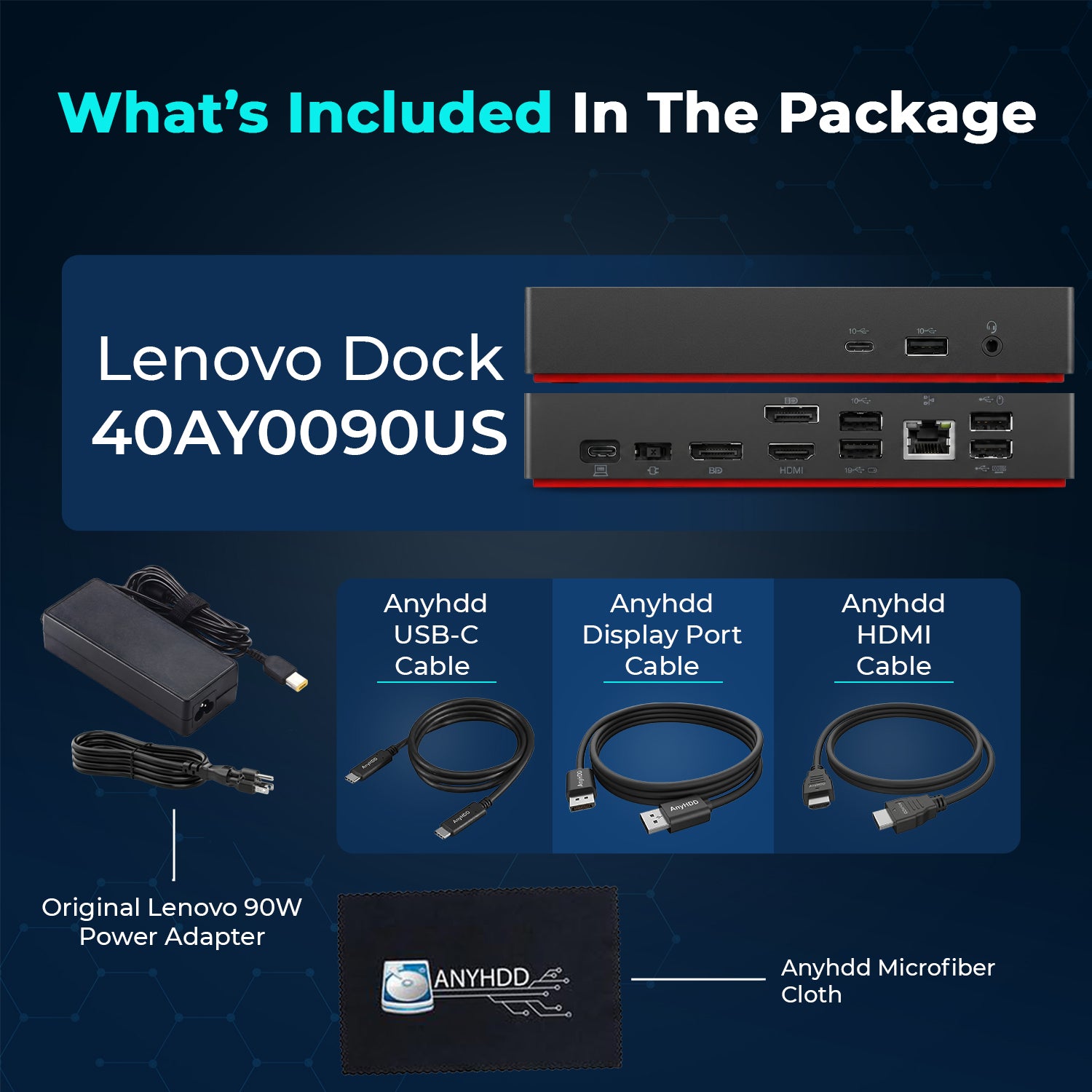 Lenovo ThinkPad Universal USB-C Docking Station 40AY0090US with 90W Adapter, HDMI & DisplayPort Cables for Dual Monitor Support