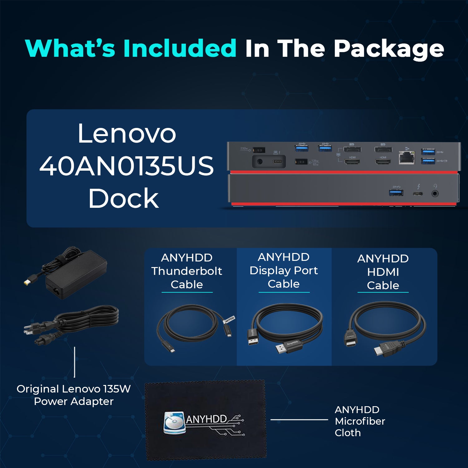 Lenovo Universal Thunderbolt Dock 40AN0135US 135W Power Delivery with Dual UHD 4K Display Support, HDMI, USB, Ethernet & USB‑C Connectivity