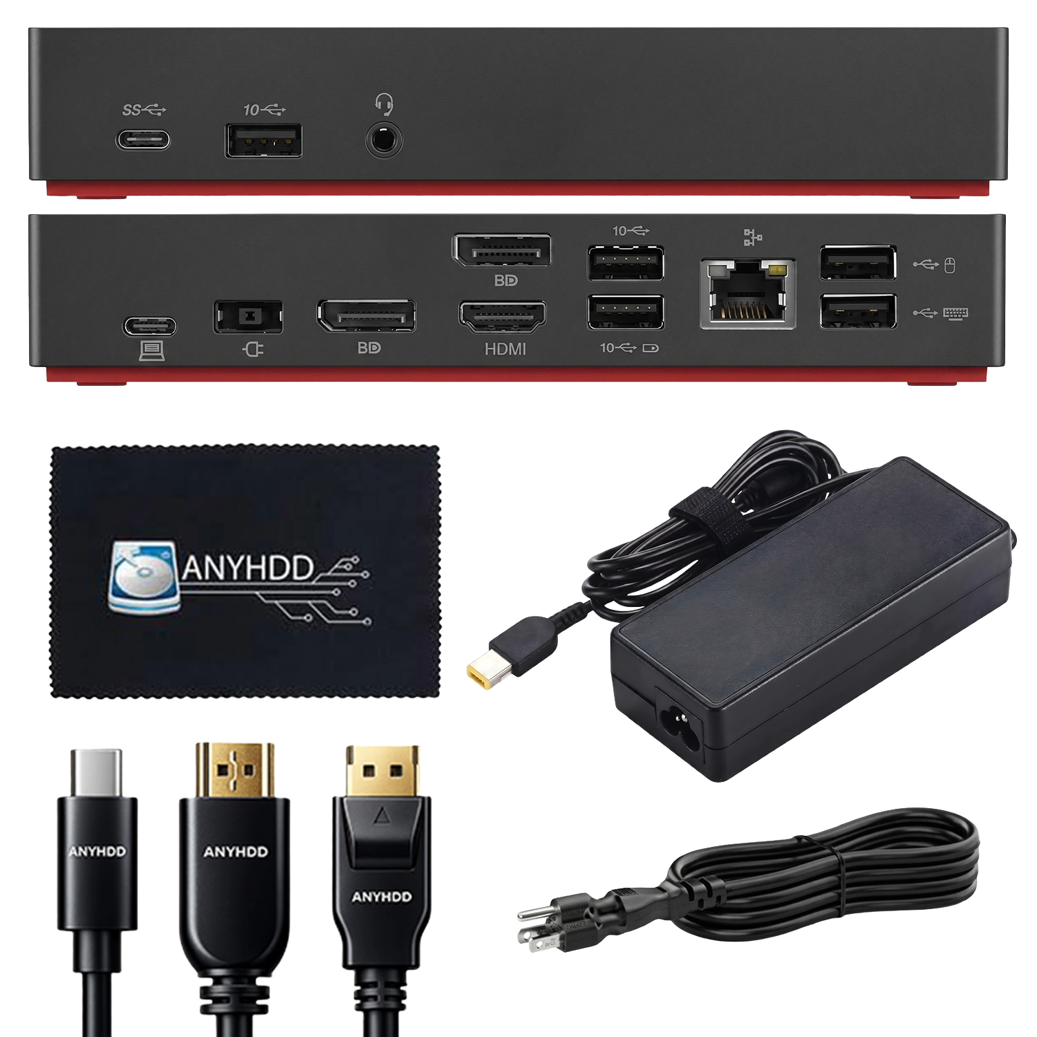 Lenovo ThinkPad Universal USB-C Docking Station 40AS0090US with 90W Adapter, HDMI & DisplayPort Cables for Multi-Device Productivity