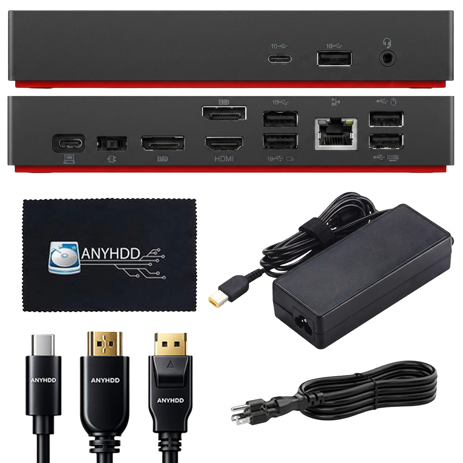 Lenovo ThinkPad Universal USB-C Docking Station 40AY0090US with 90W Adapter, HDMI & DisplayPort Cables for Dual Monitor Support