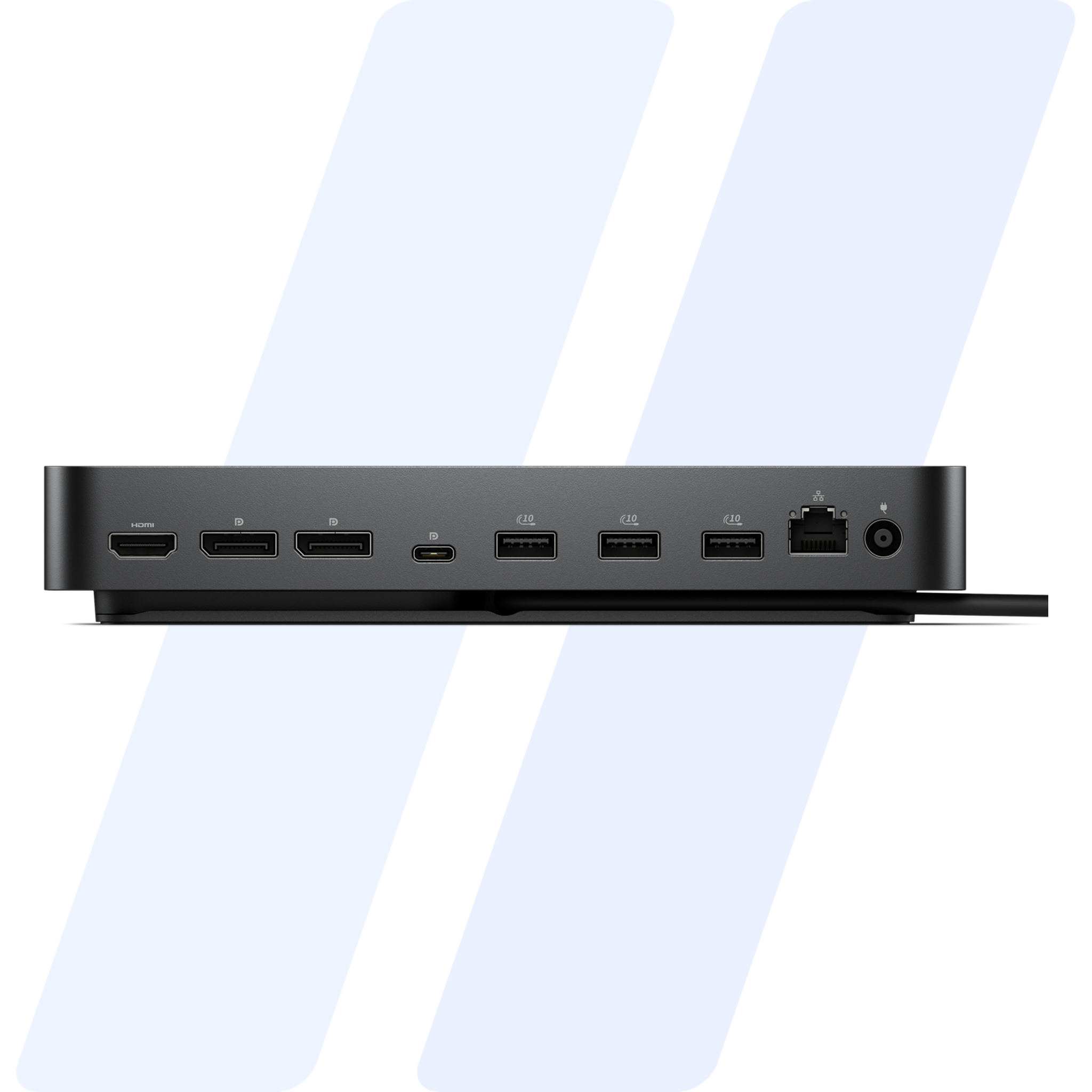 Dell Pro Dock WD25 rear ports: HDMI, two DisplayPort, USB-C, three USB-A, Ethernet and power