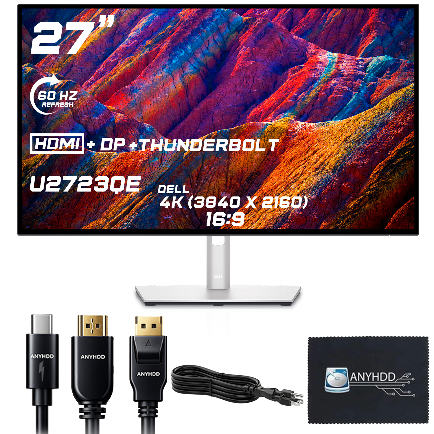 U2723QE Dell UltraSharp Bundle Dell 27 Inch Monitor 4K UHD WLED LCD - 1 Year Warranty, 16:9 Monitor with Power Cable + HDMI Cable + DisplayPort Cable + Thunderbolt Cable + Microfiber Cloth - Silver
