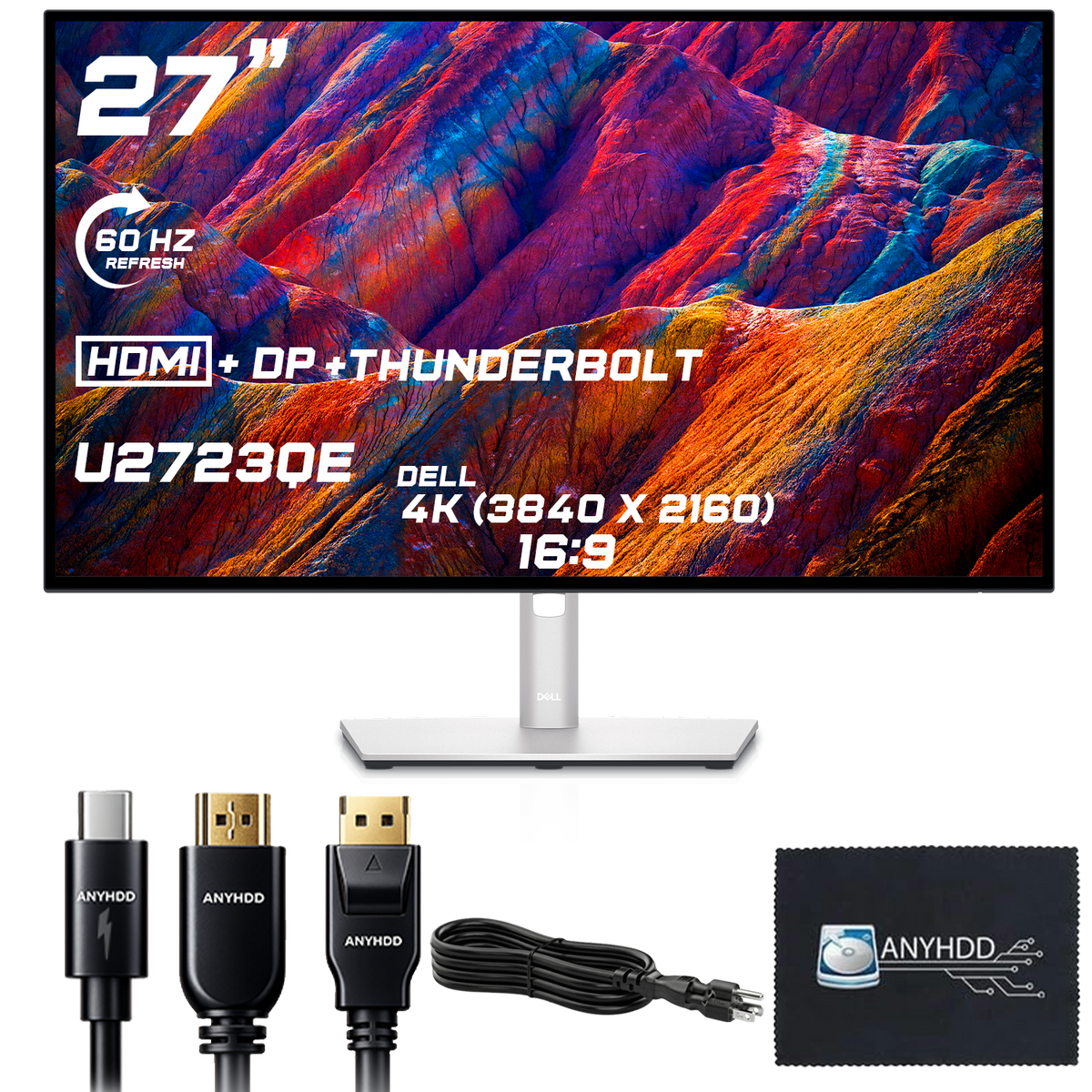 U2723QE Dell UltraSharp Bundle Dell 27 Inch Monitor 4K UHD WLED LCD - 1 Year Warranty, 16:9 Monitor with Power Cable + HDMI Cable + DisplayPort Cable + Thunderbolt Cable + Microfiber Cloth - Silver