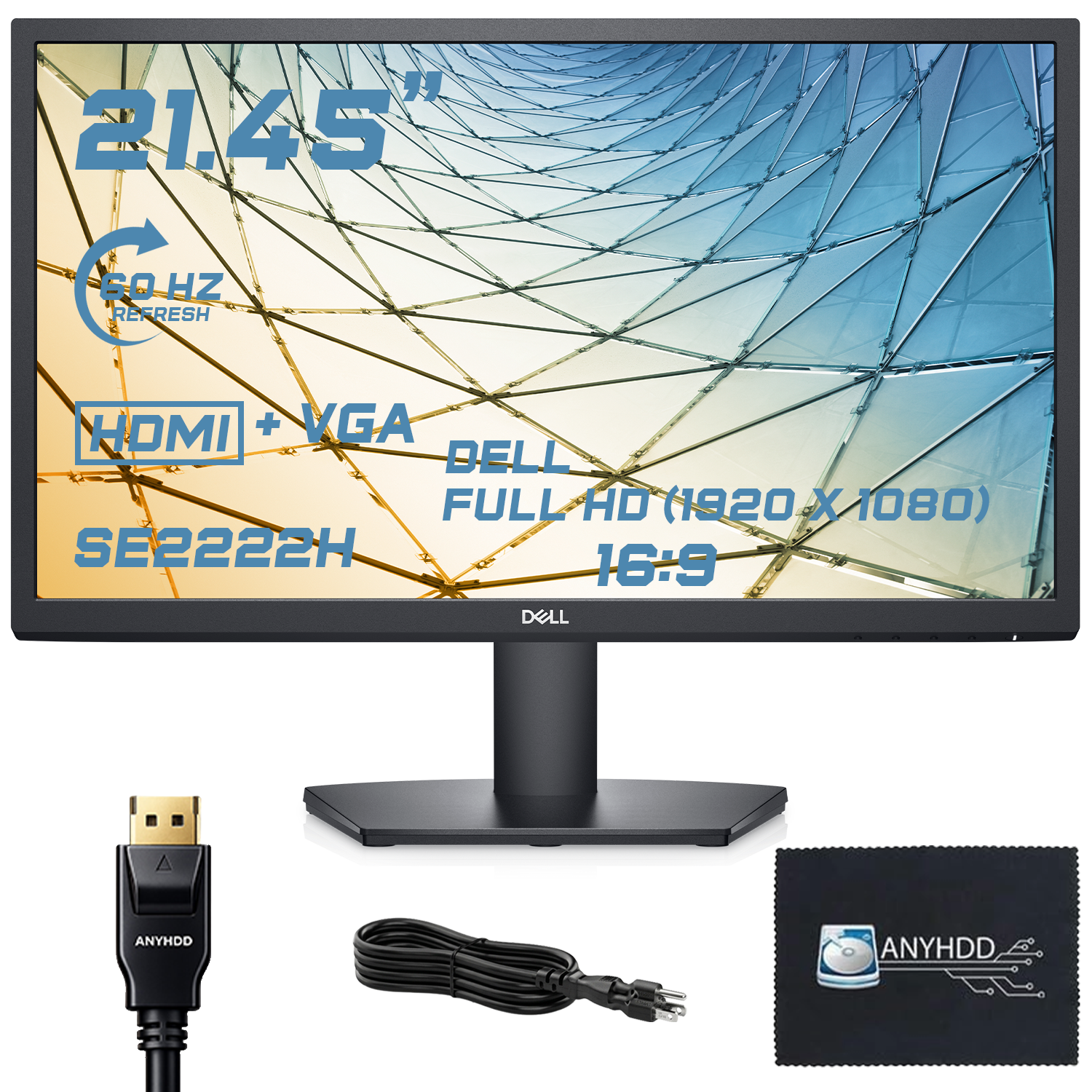 Dell SE2222H 21.45" 1920x1080 Full HD 16:9 IPS Display - 1 Year Warranty, Computer Monitor Screen Bundle with Power Cord + HDMI Cable + Microfiber Cloth