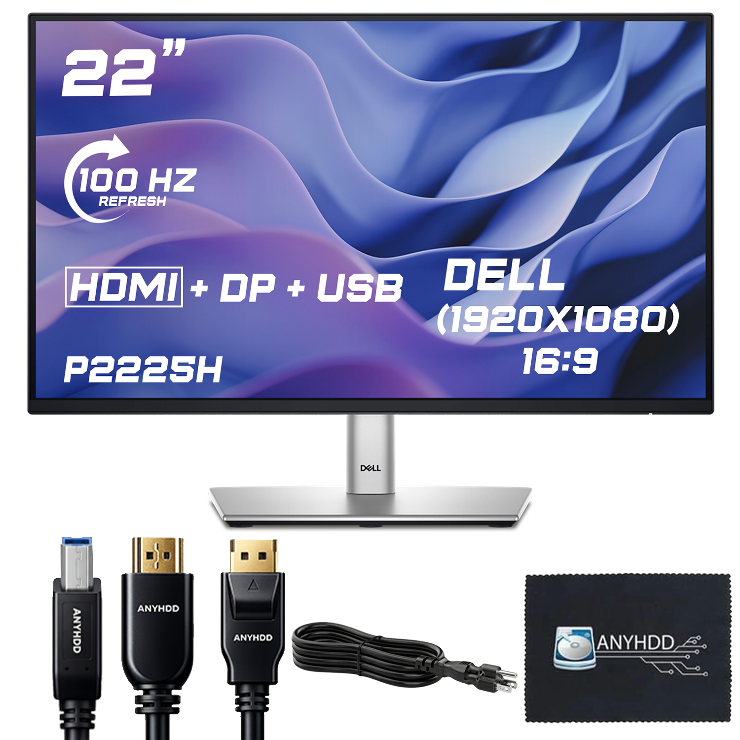 Dell P2225H 22" 16:9 IPS Computer Monitor Screen, DisplayPort cables, USB 3.0 Upstream Cable, Power Cord with ANYHDD HDMI Cable + Microfiber Cloth